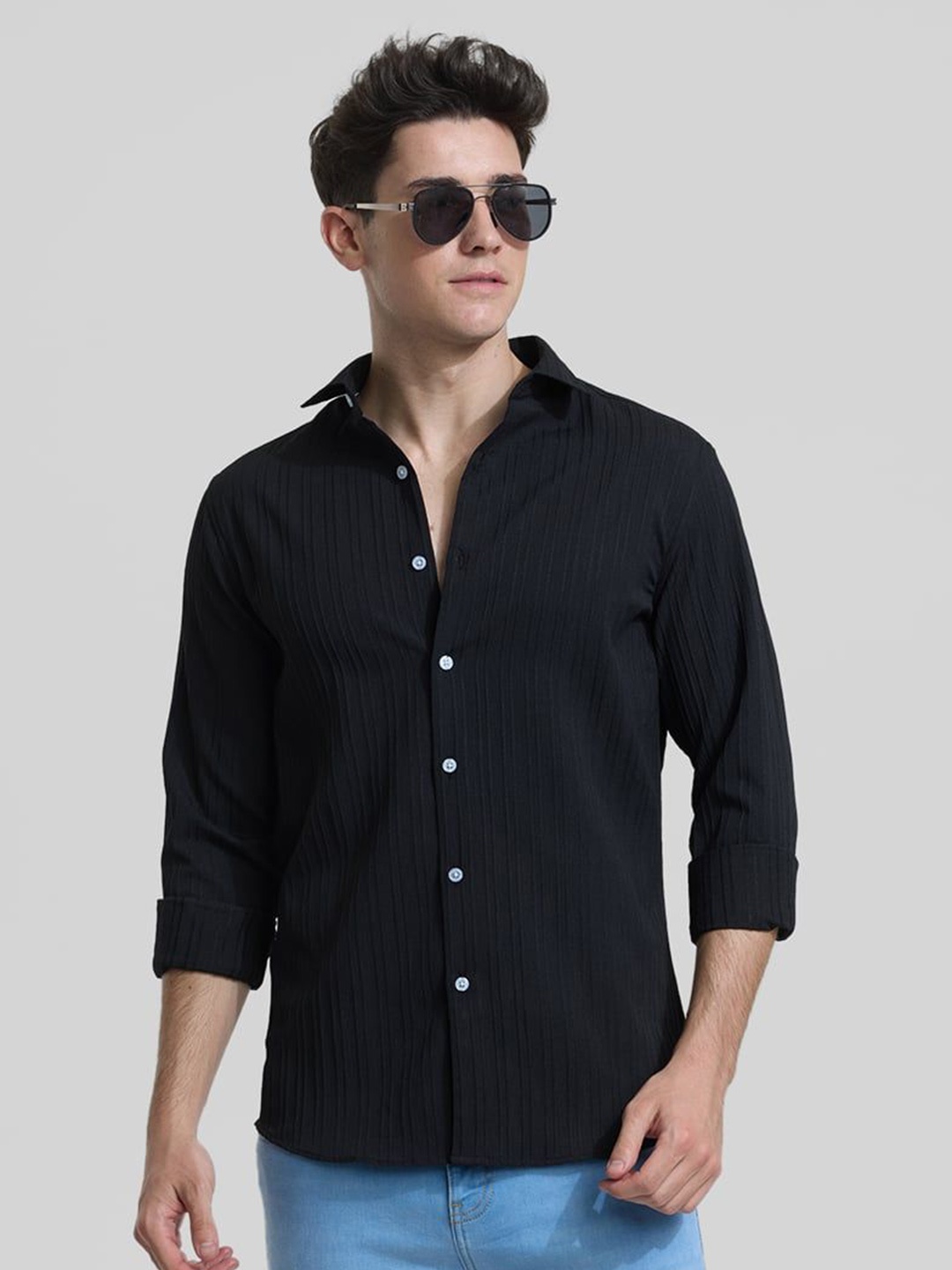 

Snitch Men Smart Spread Collar Vertical Striped Slim Fit Casual Shirt, Black