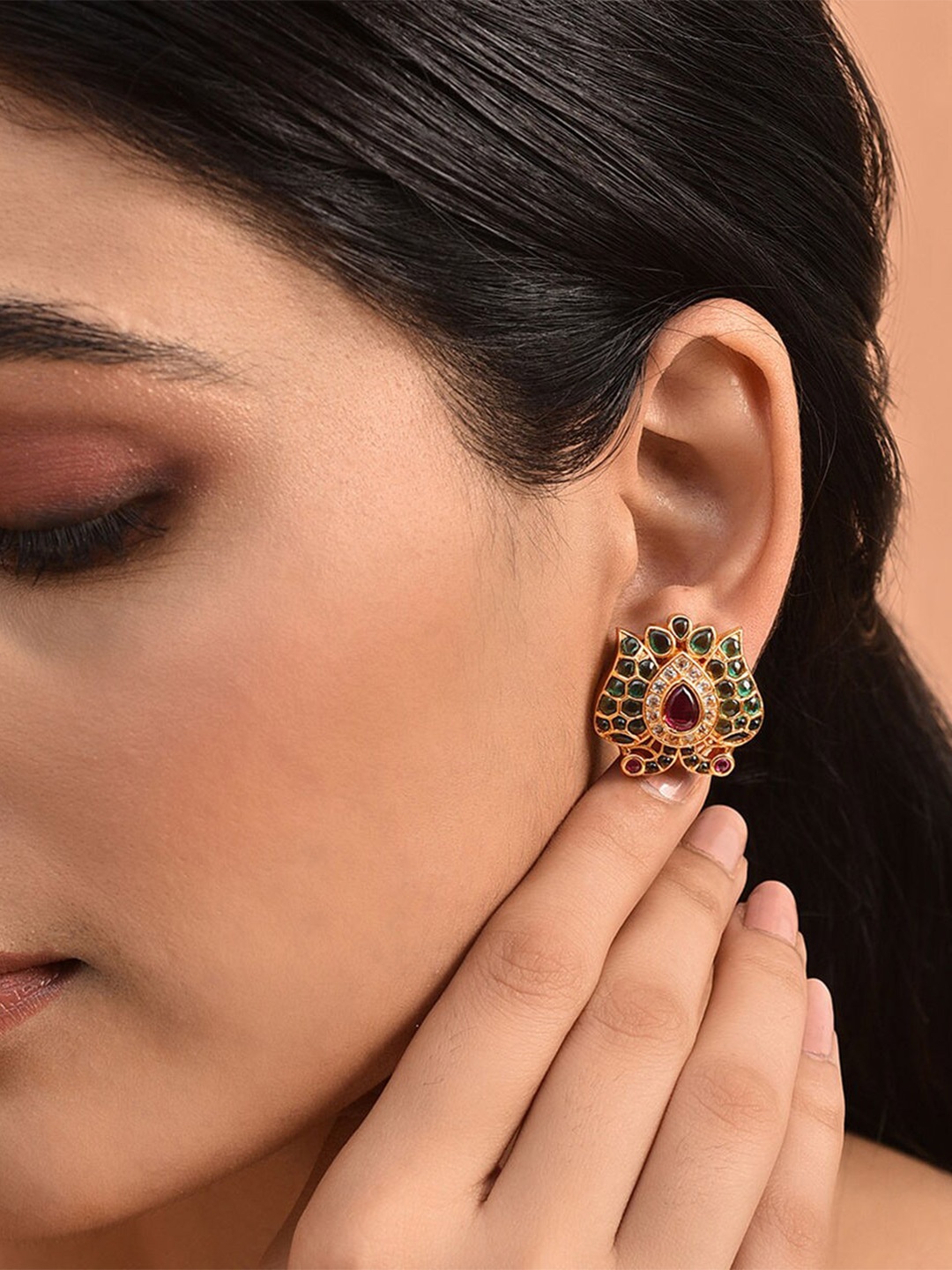 

JAYPORE Gold-Plated Stone Studded Contemporary Studs Earrings