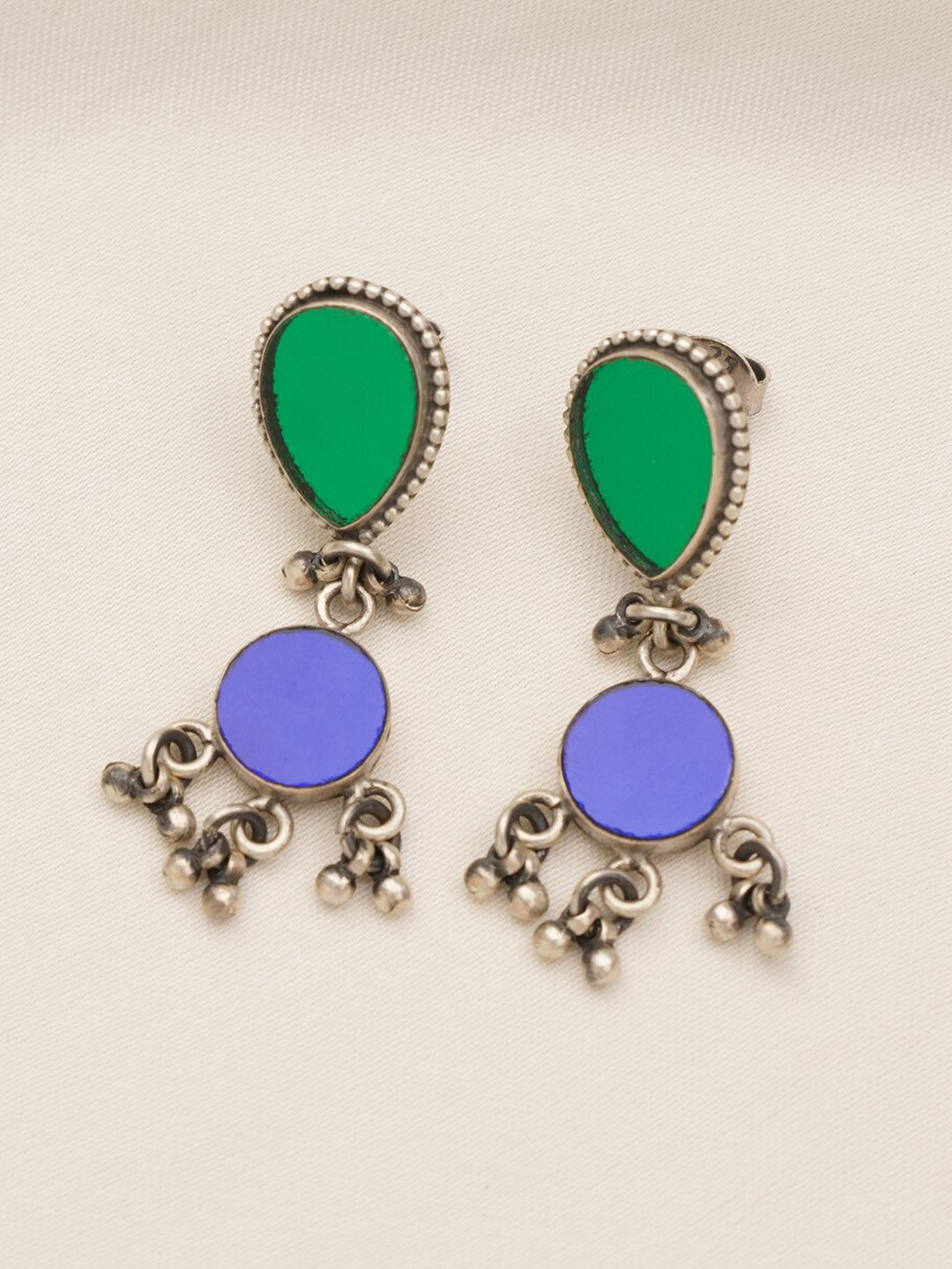 

JAYPORE Artificial Stones Studded Geometric Drop Earrings, Silver