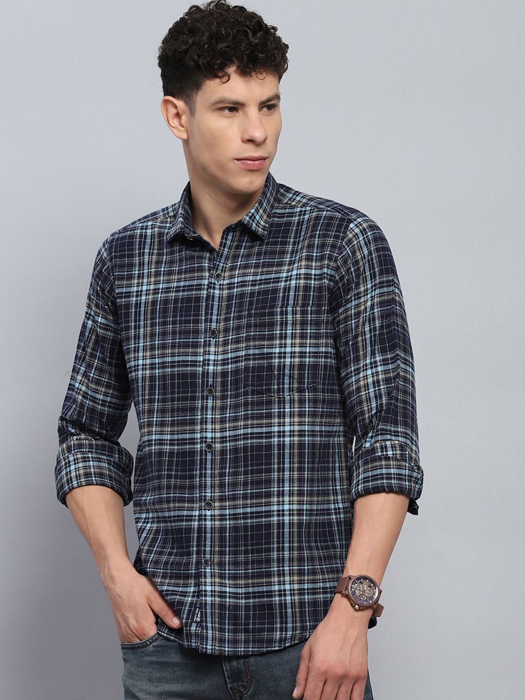 

Monte Carlo Men Spread Collar Tartan Checked Cotton Casual Shirt, Navy blue