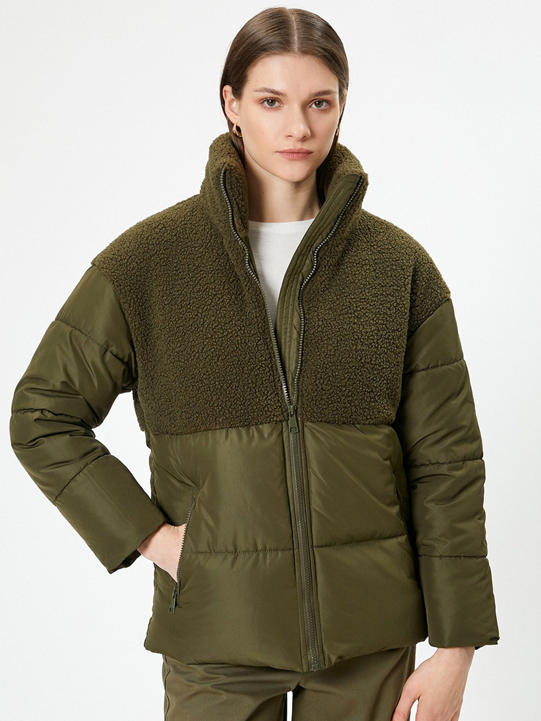 

Koton Women Mock Collar Solid Casual Bomber Jacket, Olive