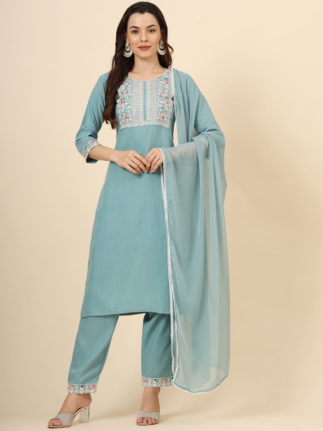 

HERE&NOW Floral Embroidered Round Neck Three-Quarter Sleeves Kurta & Trouser With Dupatta, Blue