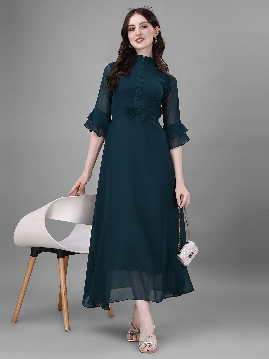 

Raiyani Enterprise Women Flared Sleeve Applique Fit & Flare Maxi Dress, Blue