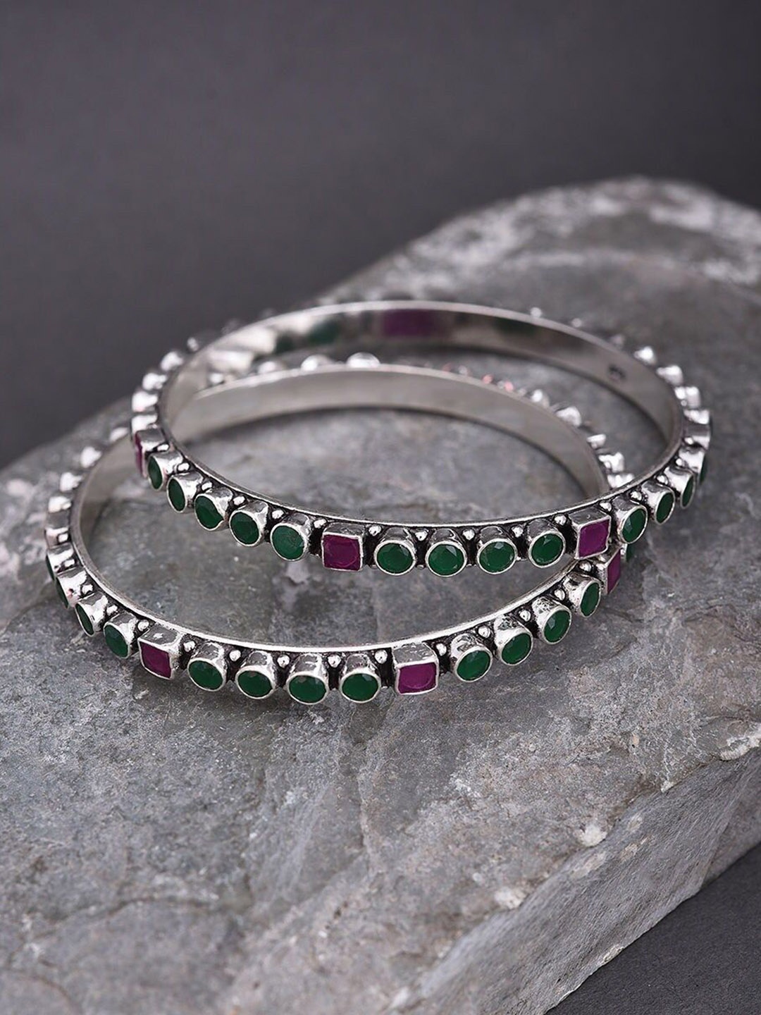 

JAYPORE Set Of 2 Stone-Studded Bangles, Silver
