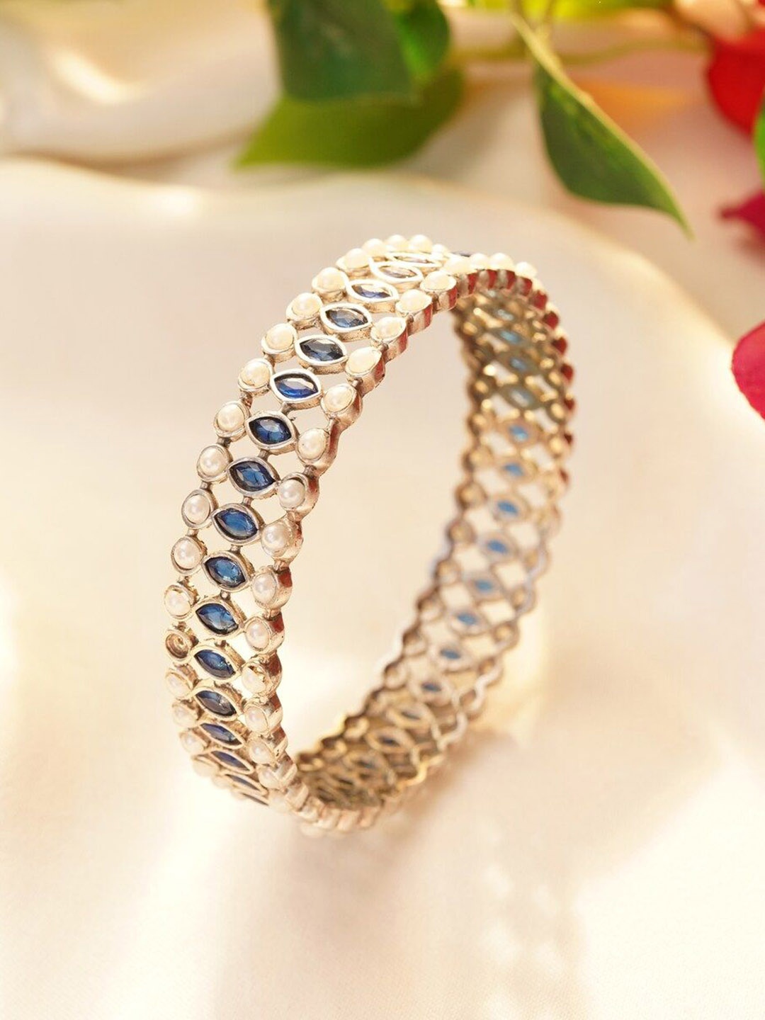 

JAYPORE Silver Plated Artificial Stones and Beads Studded Bangle