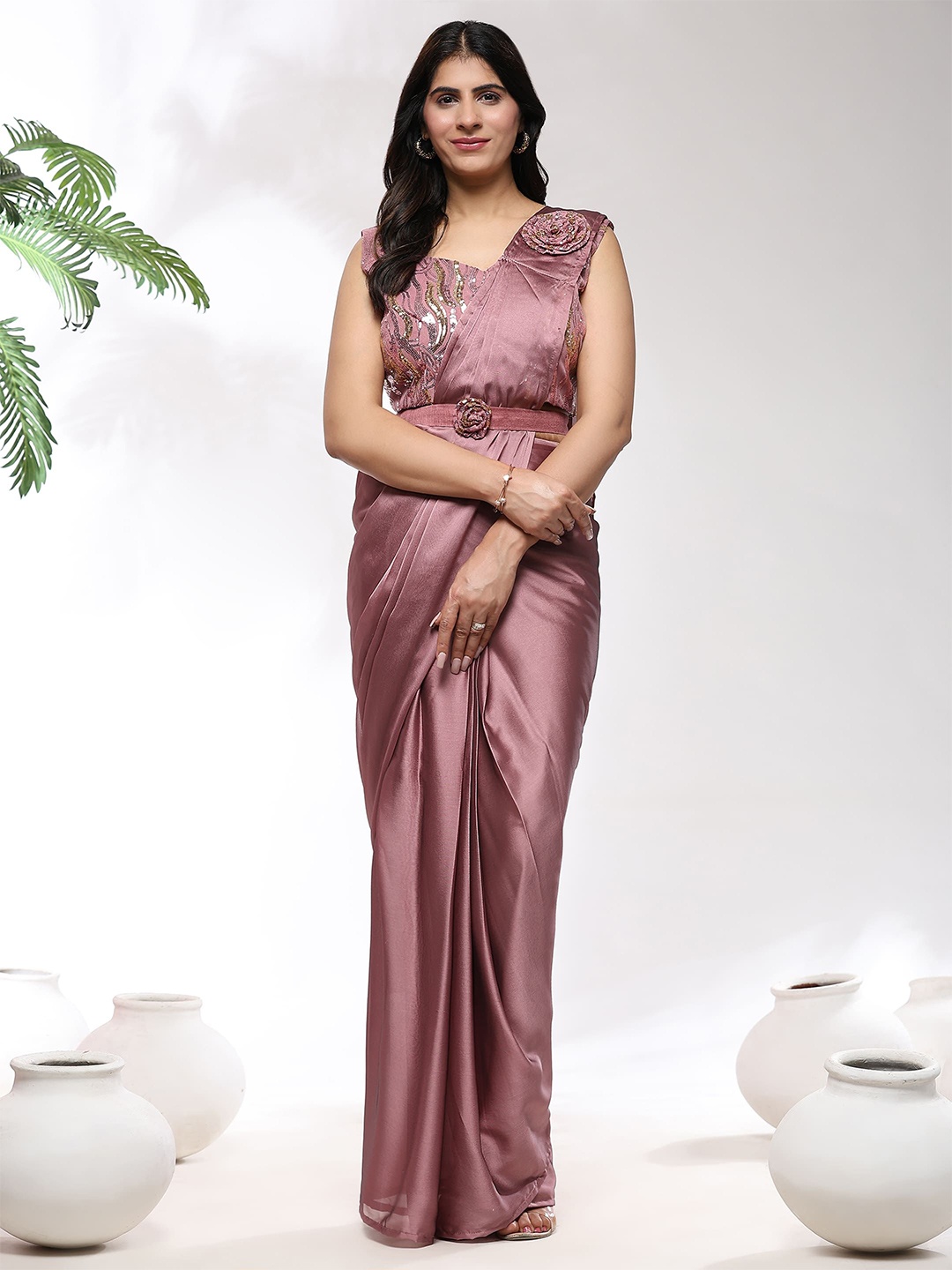 

AMOHA TRENDZ Sequinned Satin Ready to Wear Saree, Pink