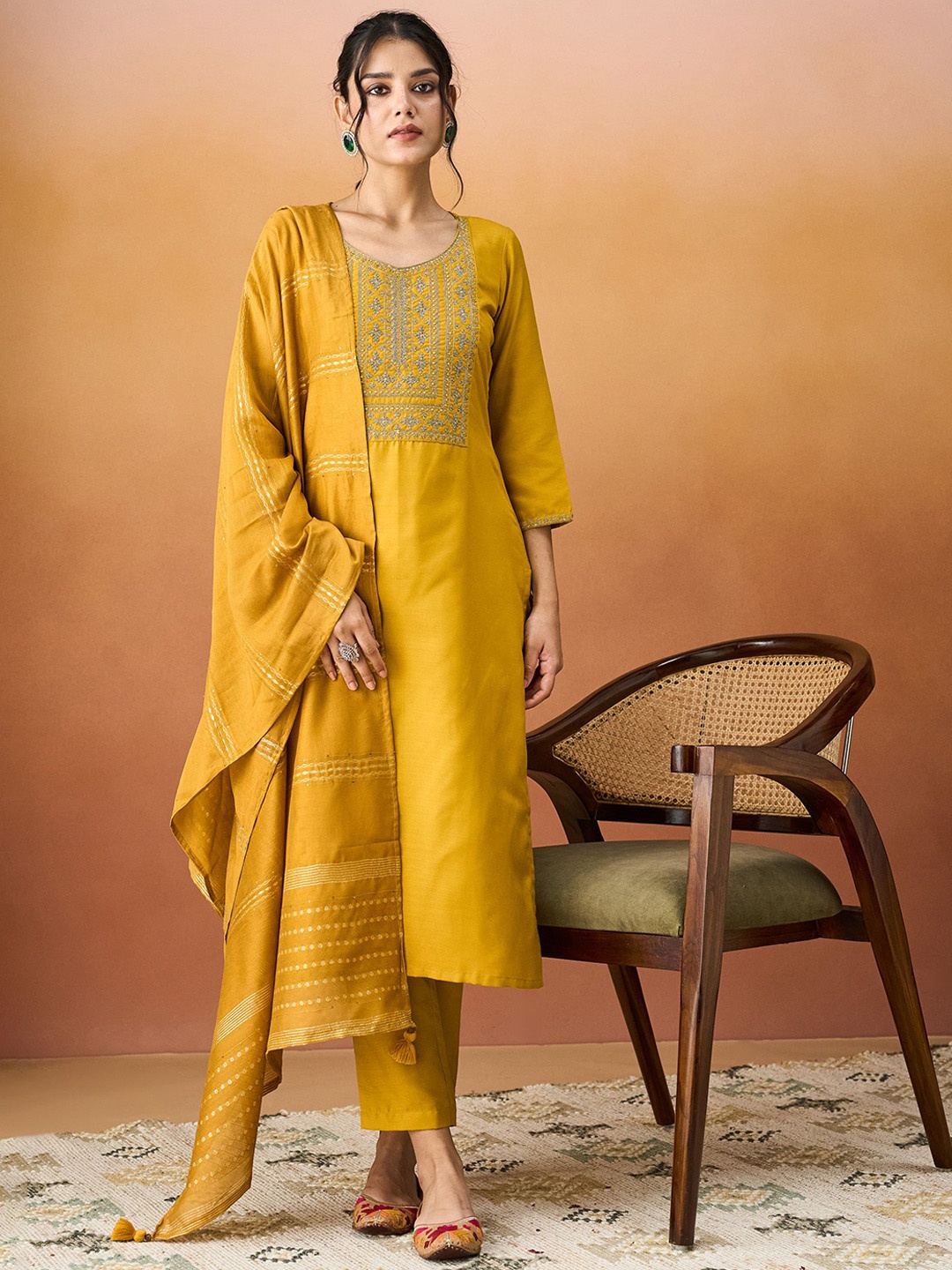 

HRITIKA Ethnic Motifs Embroidered Regular Sequin Work Kurta With Trouser With Dupatta, Yellow