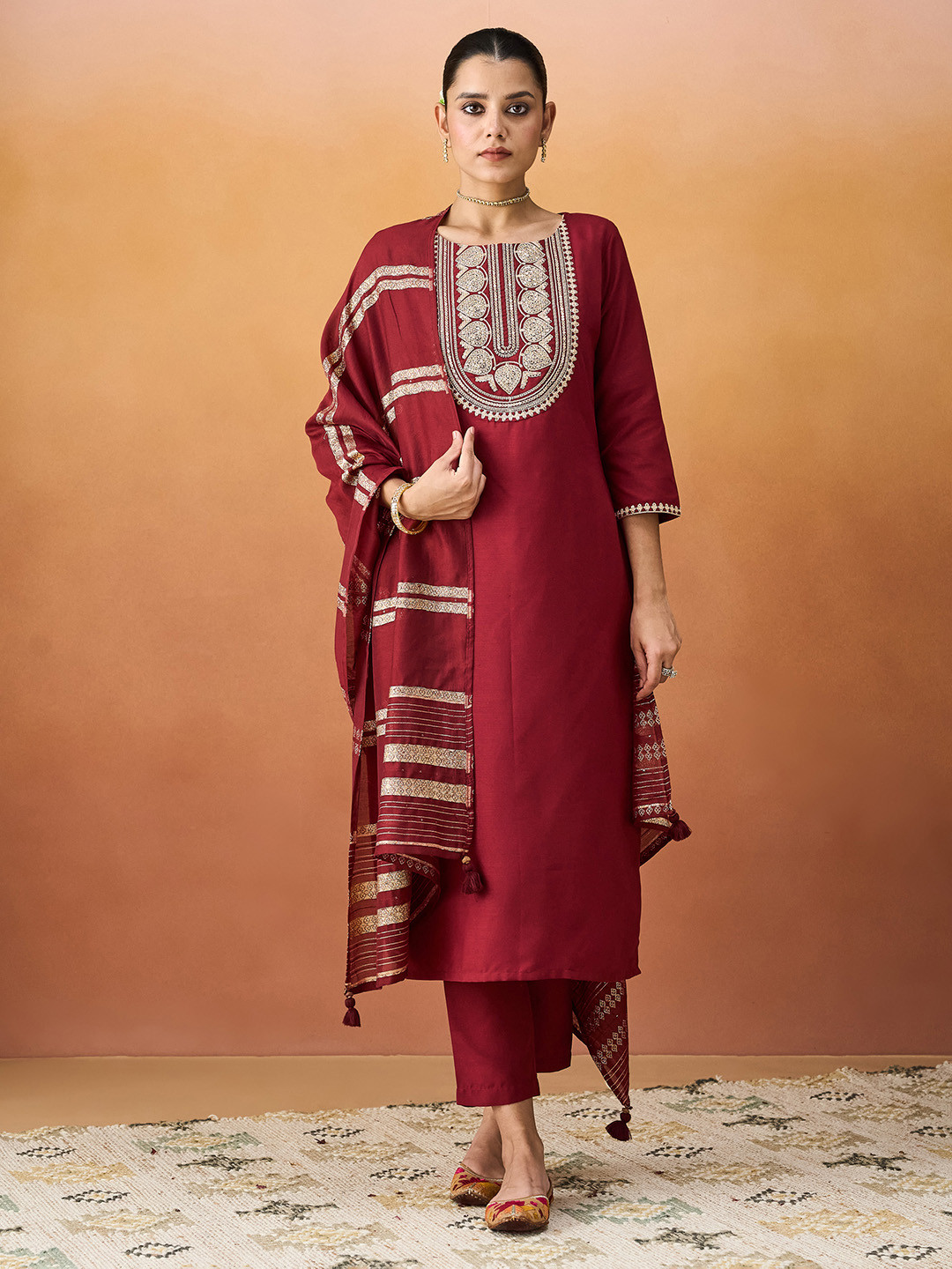 

KALINI Ethnic Motifs Embroidered Straight Kurta With Trousers & Dupatta, Maroon