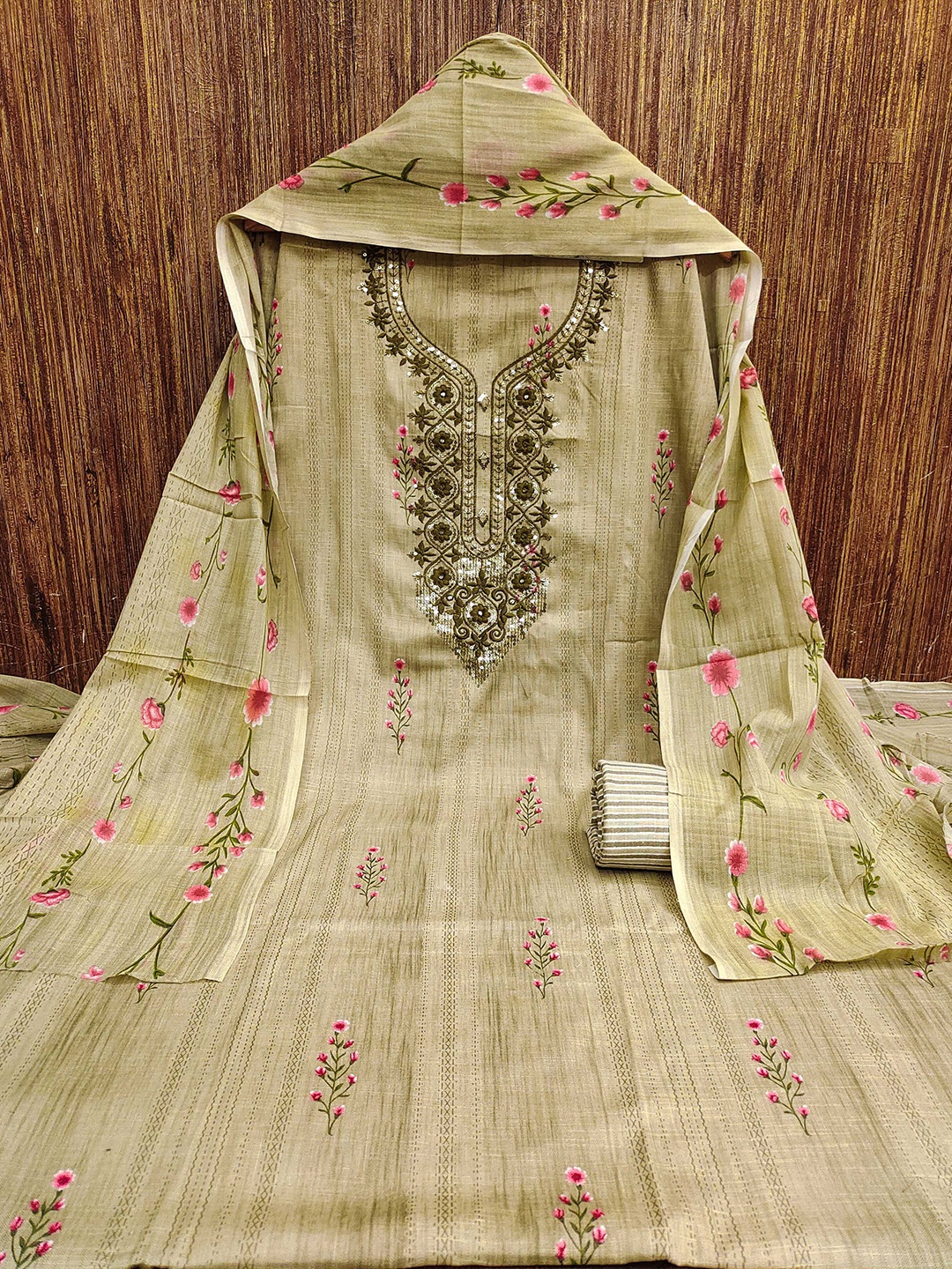 

Maroosh Floral Embroidered Sequinned Unstitched Dress Material, Lime green