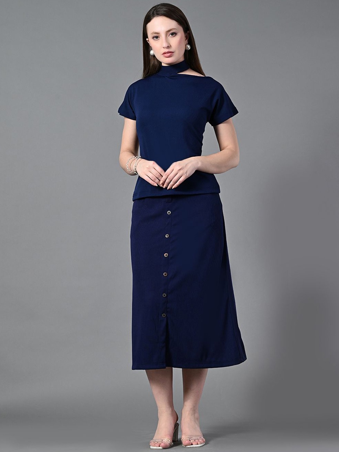 

Roadster Slit Neck Short Sleeves T-Shirt With Skirt, Navy blue