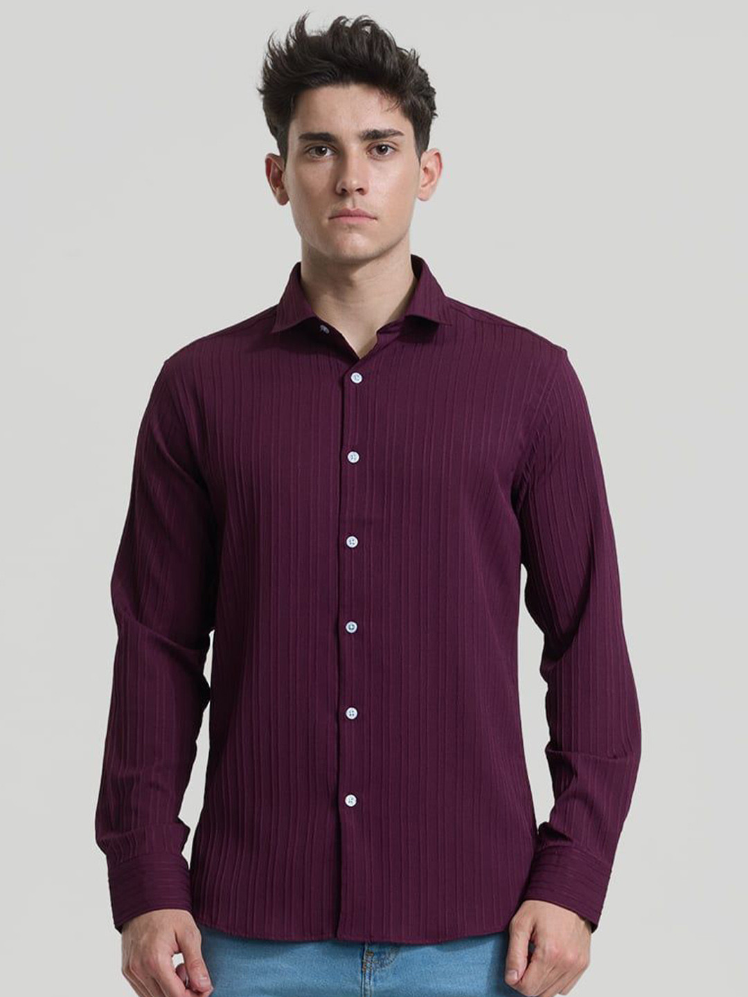 

Snitch Men Smart Spread Collar Vertical Striped Slim Fit Casual Shirt, Burgundy