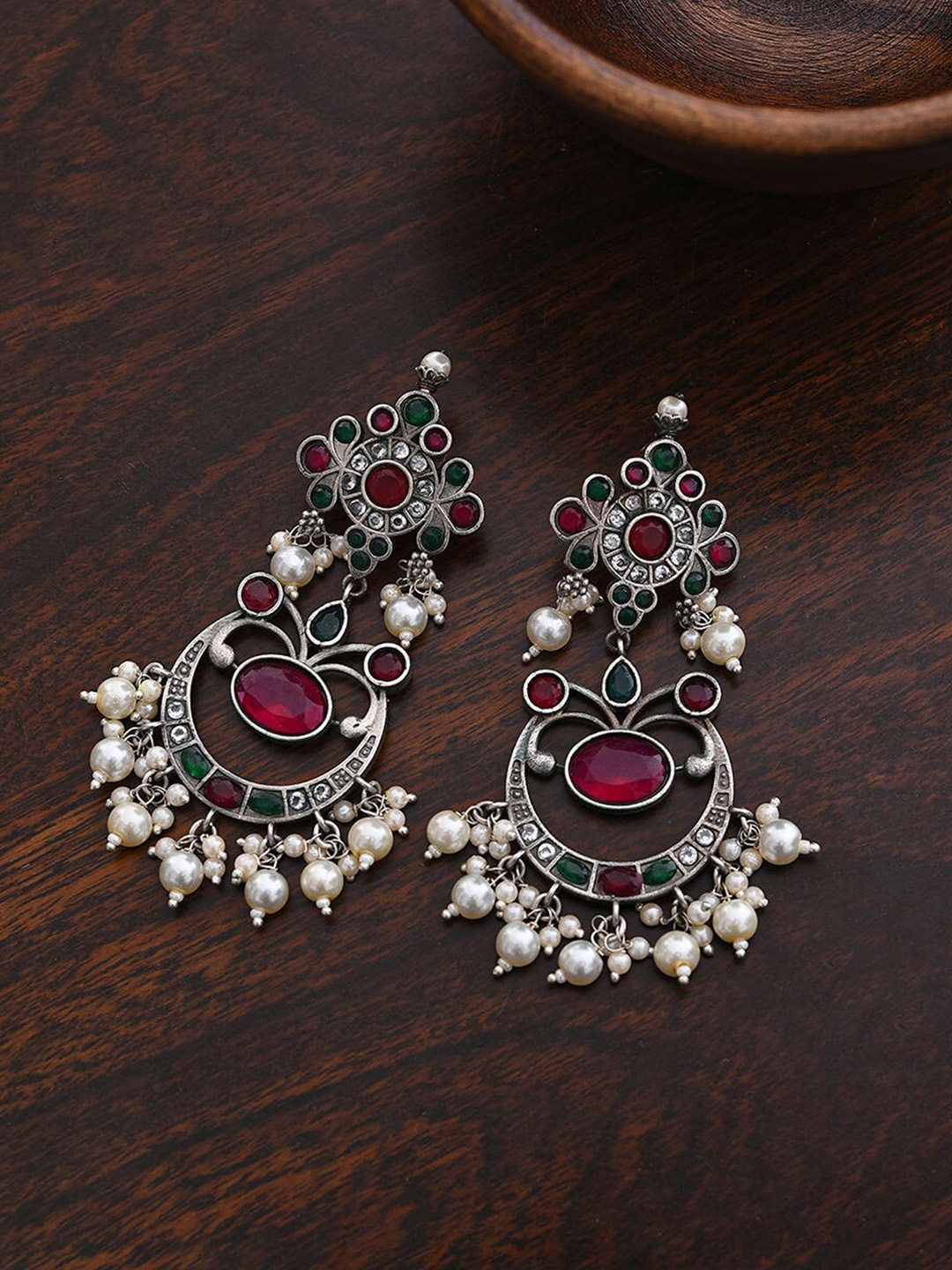 

JAYPORE Silver-Plated Artificial Stones Studded Contemporary Drop Earrings
