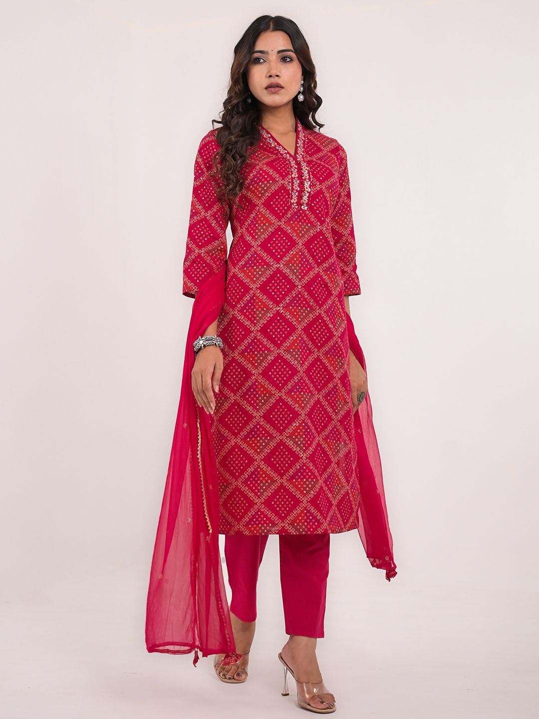 

KAVITA GUPTA Bandhani Printed Pure Cotton Kurta With Trousers & Dupatta, Fuchsia