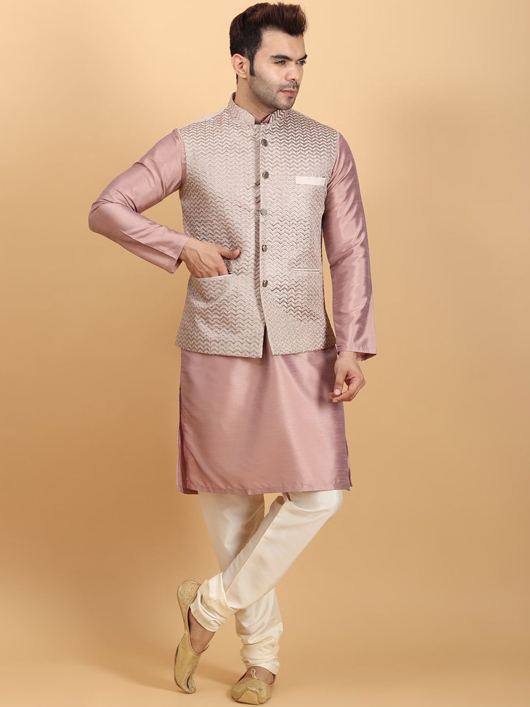 

Ethluxis Mandarin Collar Jacquard Weave Straight Kurta with Churidar & Nehru jacket, Pink