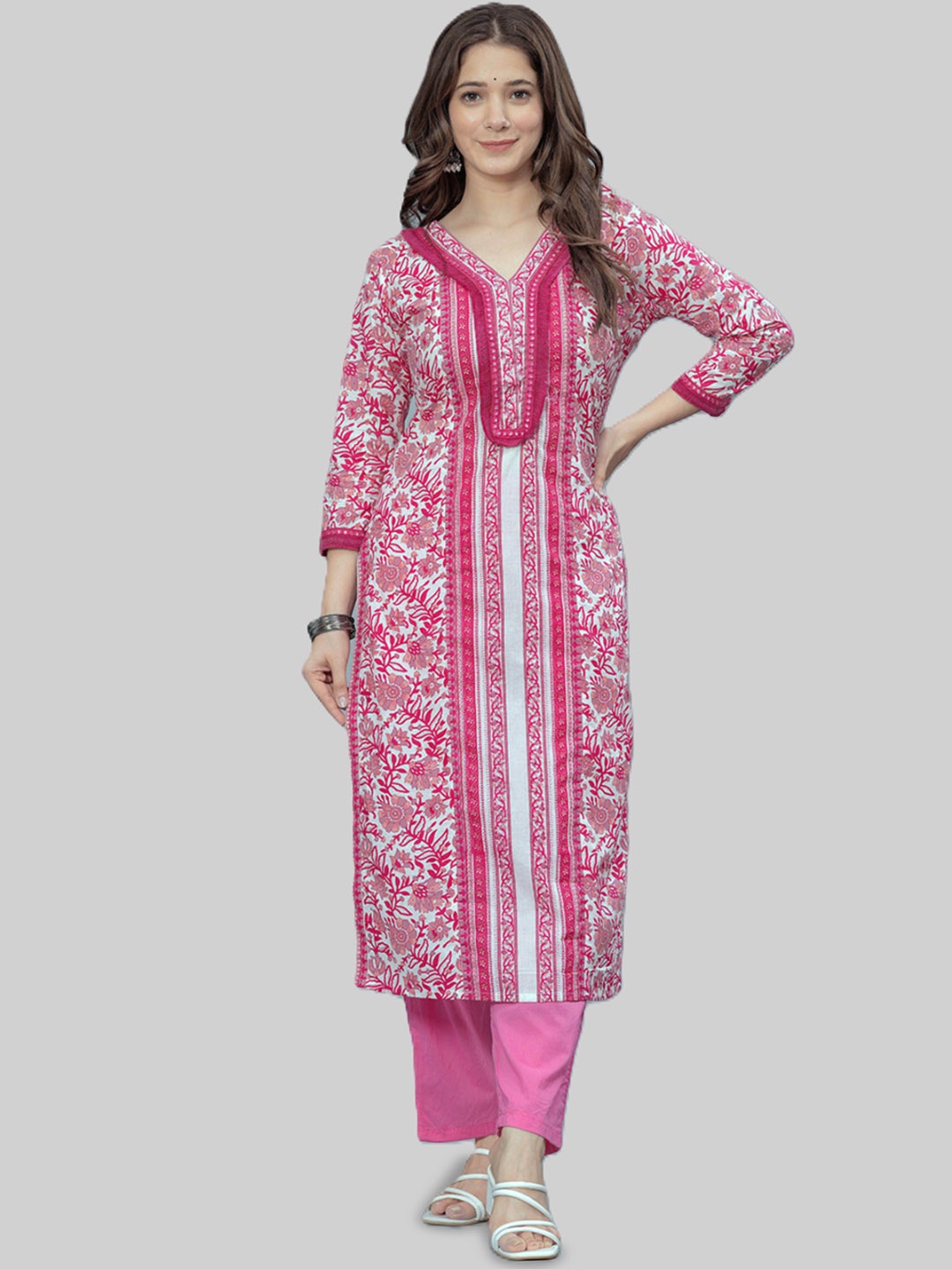 

Arayna Floral Printed V-Neck Pure Cotton Straight Kurta with Palazzo, Pink