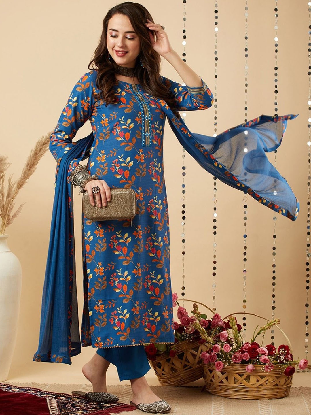 

Anni Designer Floral Printed Regular Straight Kurta with Trousers & Dupatta, Blue