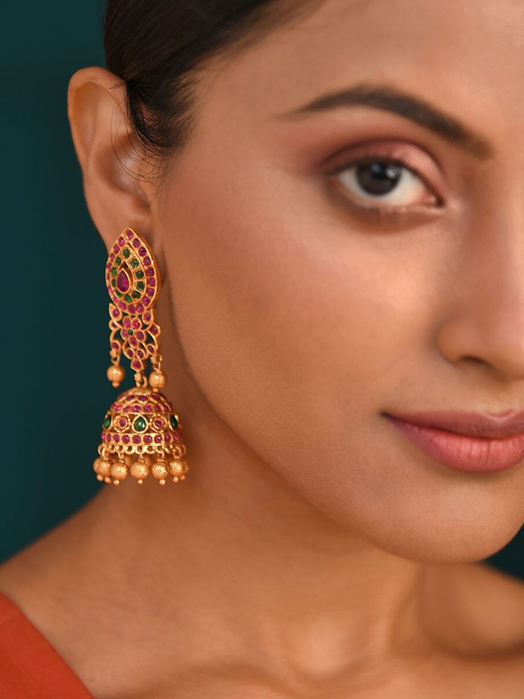 

JAYPORE Floral Shaped Stone Studded Drop Earrings, Gold