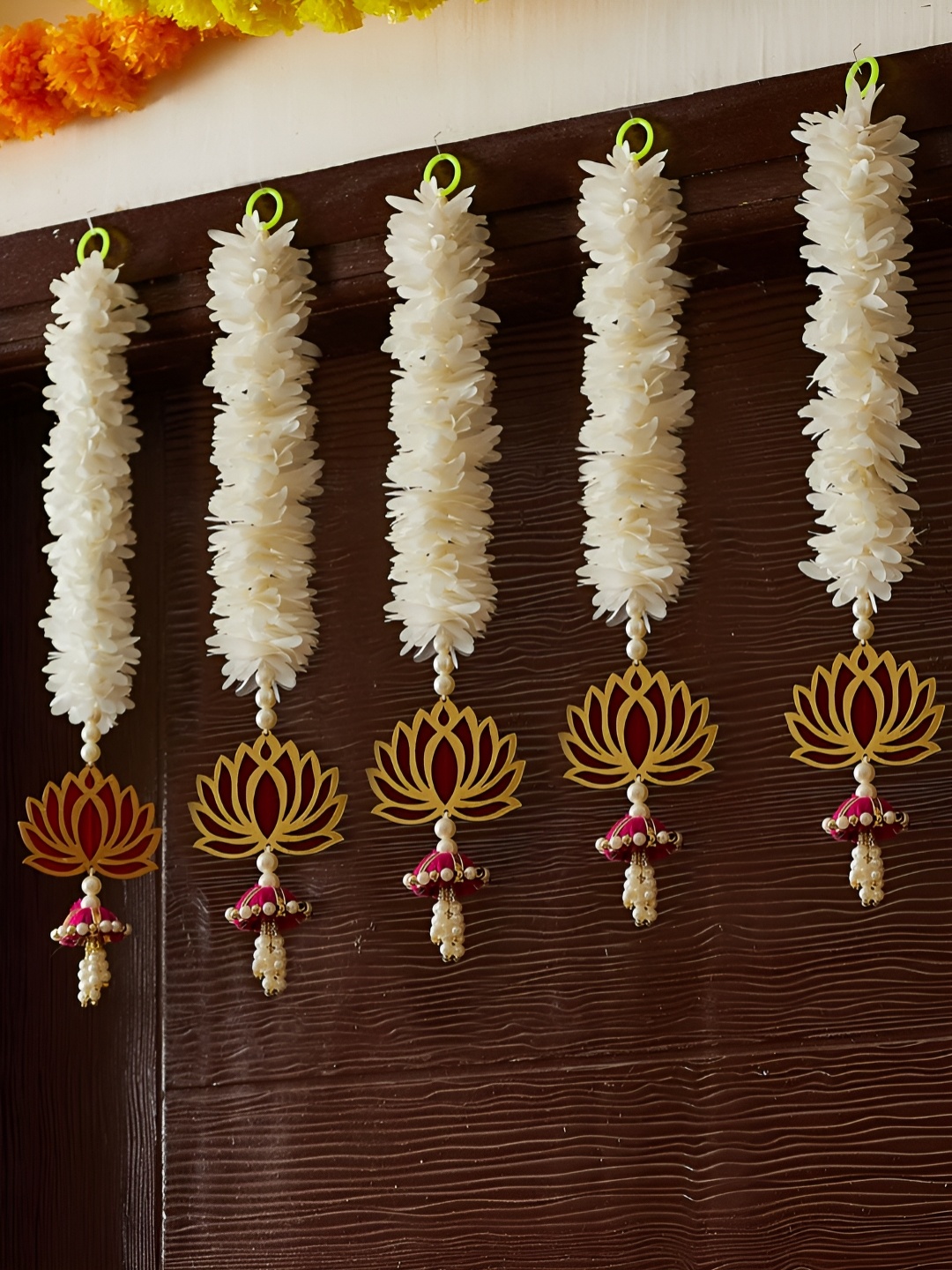 

TIED RIBBONS White & Green 5 Pieces Wooden Lotus Hangings For Diwali Decoration