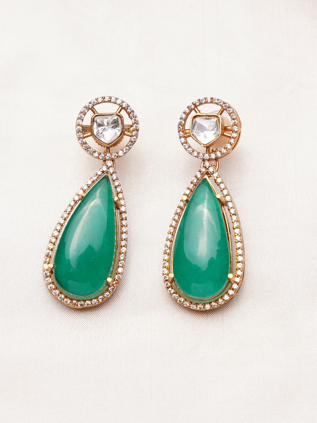 

JAYPORE Teardrop Shaped Stone Studded Drop Earrings, Gold