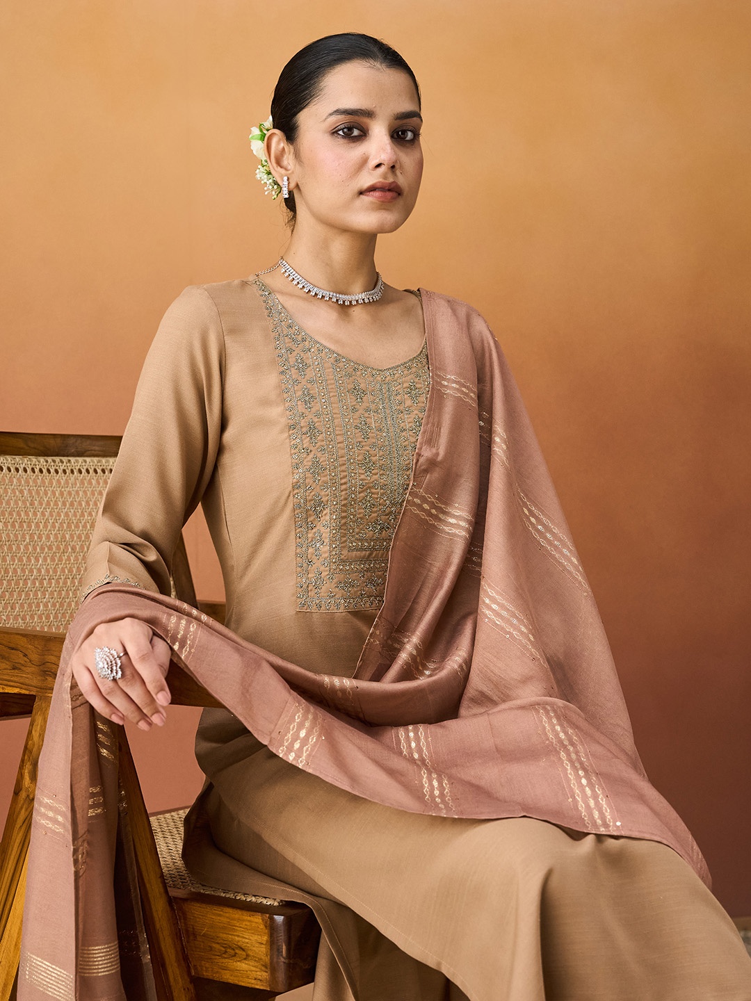 

KALINI Ethnic Motifs Embroidered Straight Kurta With Trousers & Dupatta, Beige