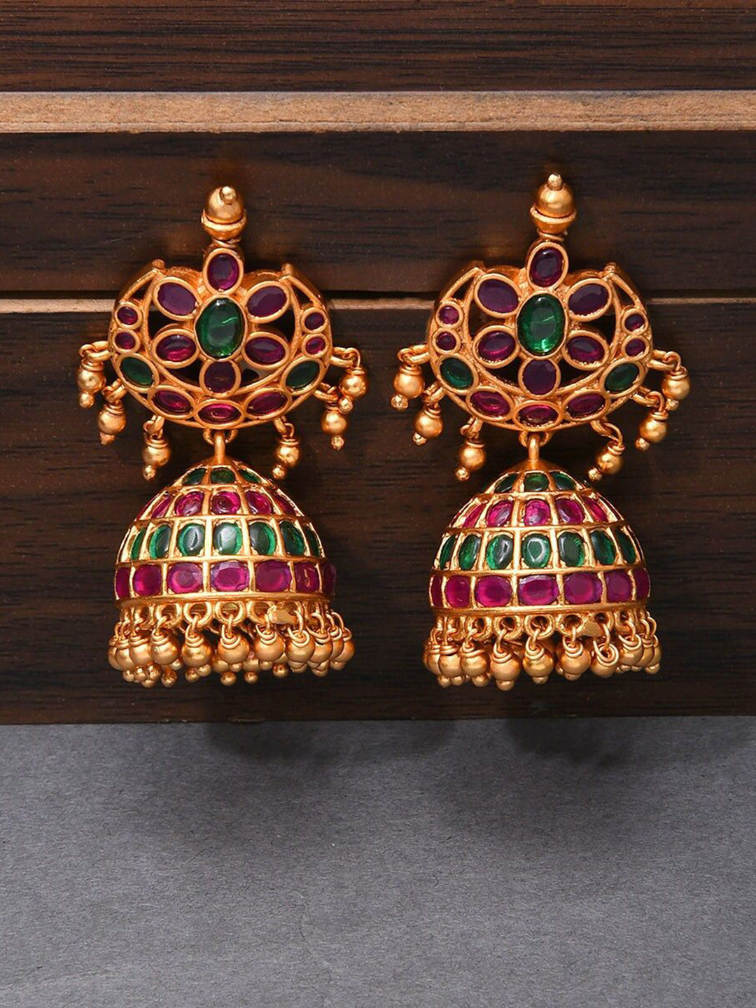

JAYPORE Dome Shaped Stone Studded Jhumkas, Gold