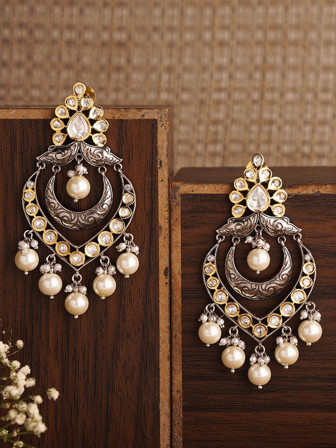 

JAYPORE Stone Studded Contemporary Drop Earrings, Gold