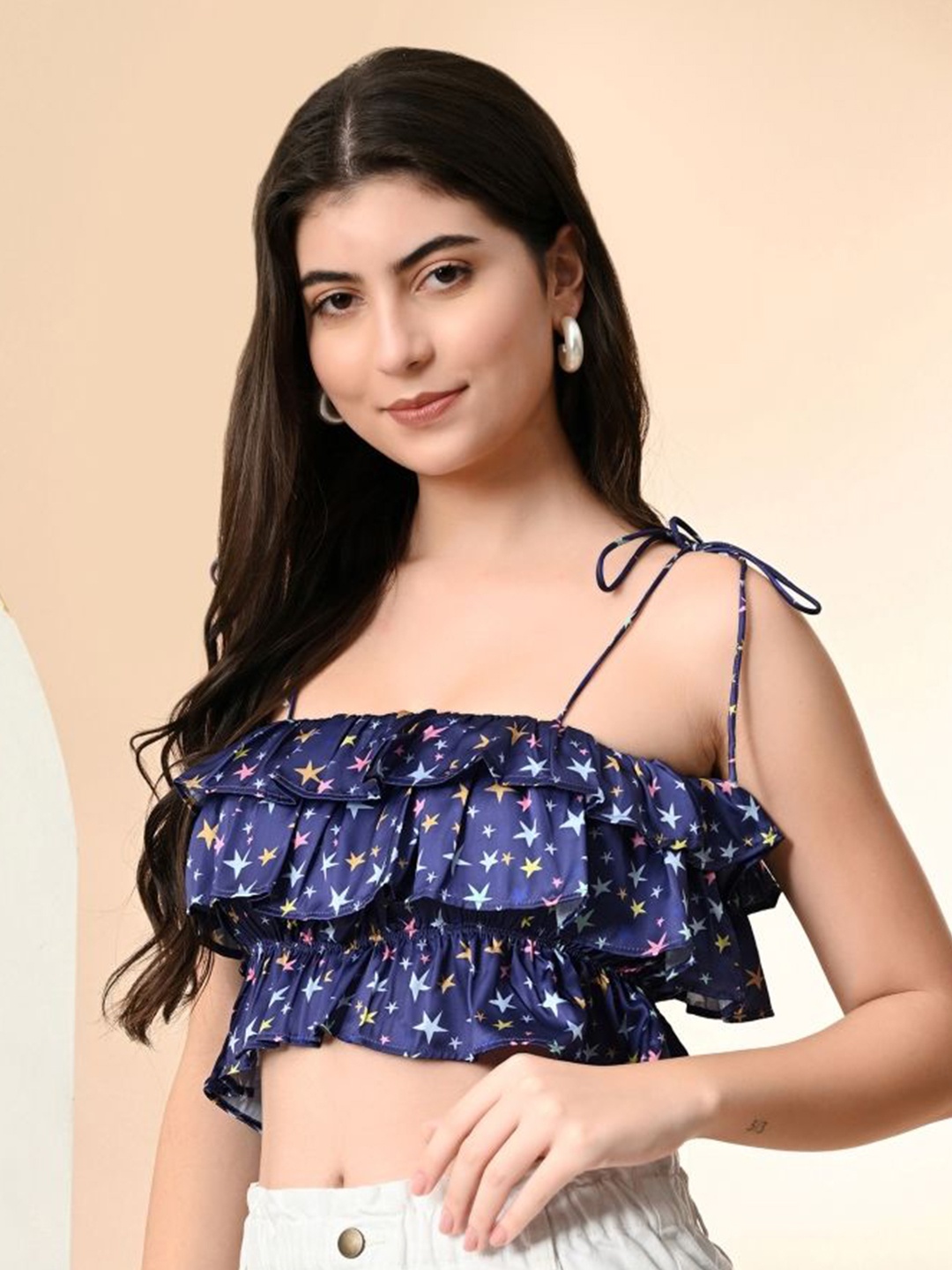 

PRETTY LOVING THING Conversational Printed Bardot Crop Top, Blue