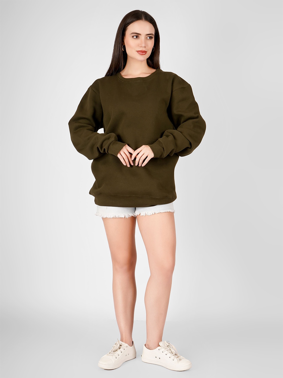 

MIMID Women Round Neck Pure Cotton Relaxed Fit Sweatshirt, Green