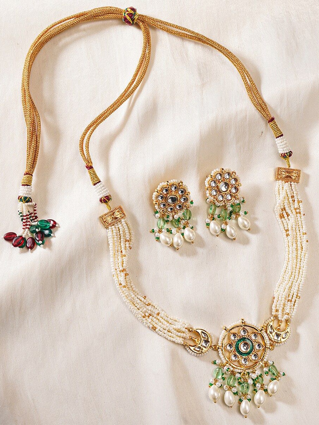 

JAYPORE Brass Artificial Stones & Beads Studded Gold-Plated Necklace & Earrings