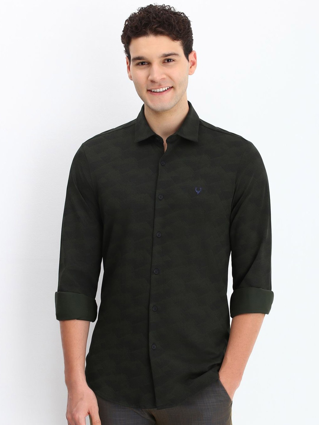 

Allen Solly Men Spread Collar Abstract Printed Cotton Slim Fit Casual Shirt, Olive