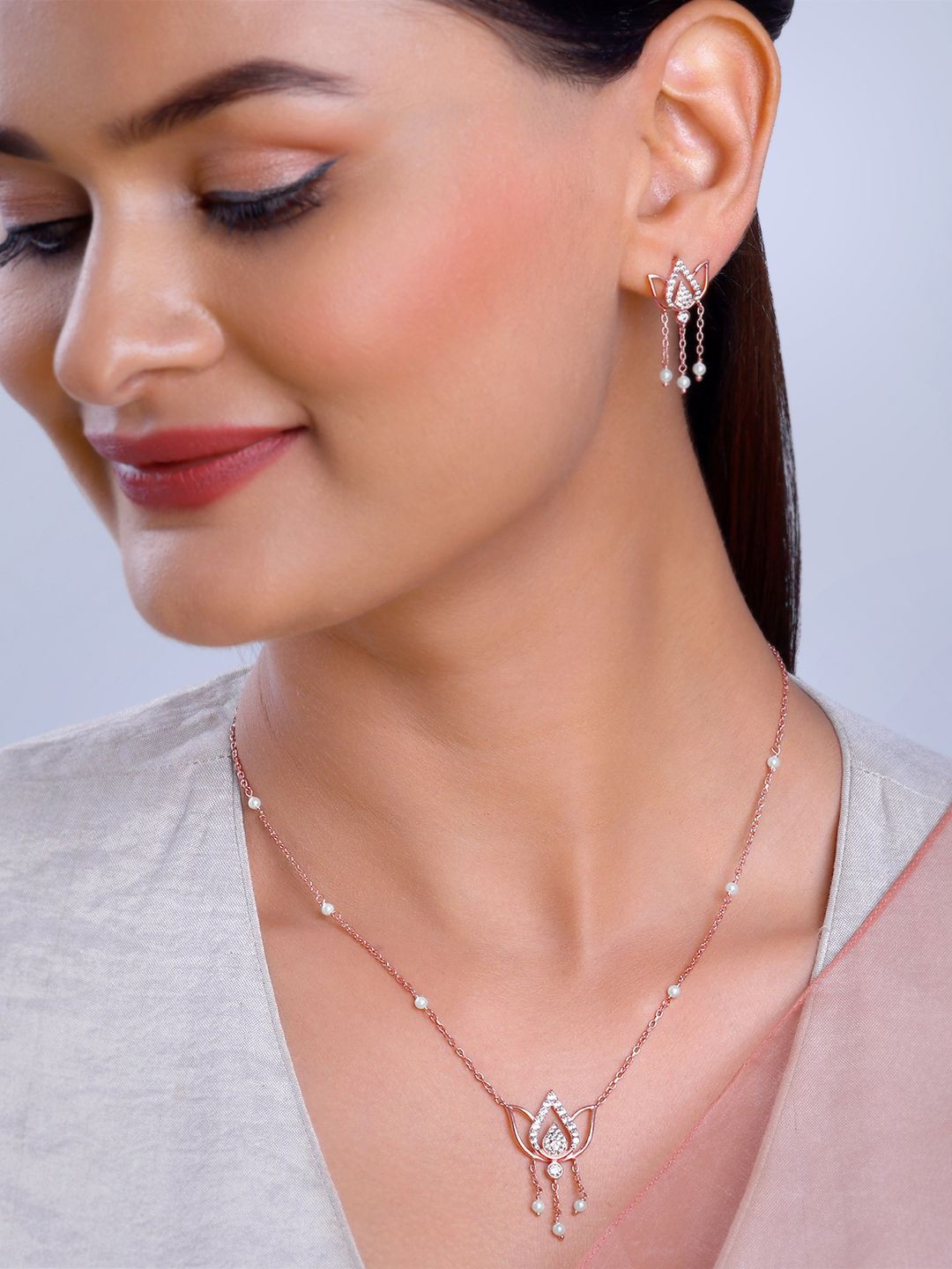 

GIVA 925 Silver Rose Gold-Plated Stone-Studded Jewellery Set