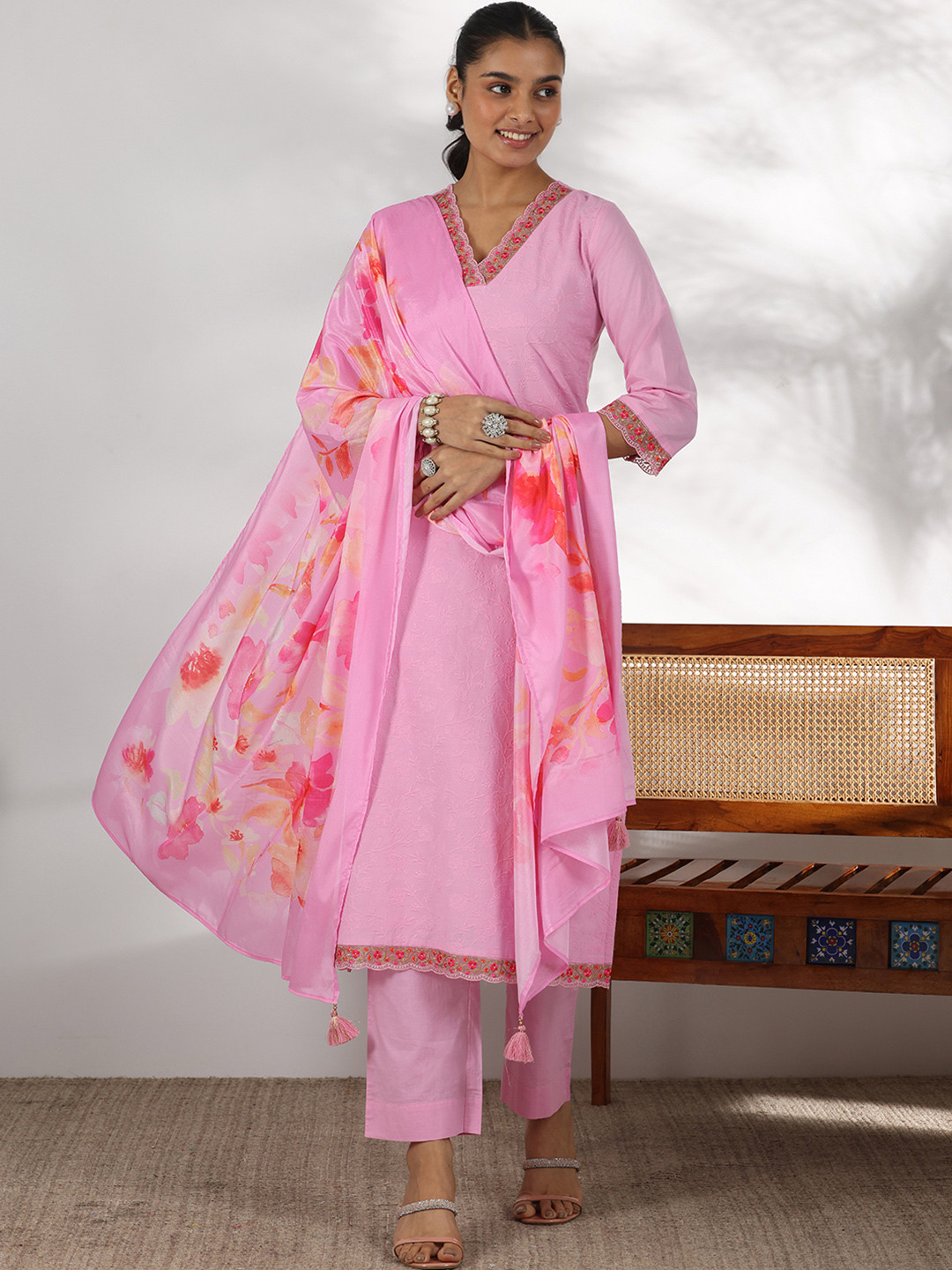 

Libas Floral Embroidered Thread Work Pure Cotton Straight Kurta with Palazzos & Dupatta, Pink