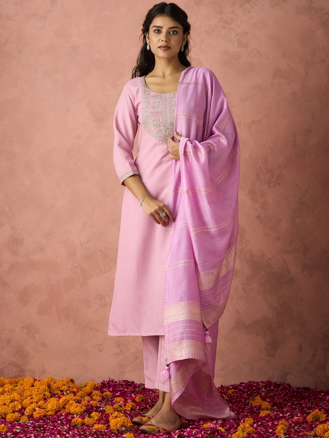 

HRITIKA Ethnic Motifs Embroidered Round Neck Kurta With Trouser With Dupatta, Pink