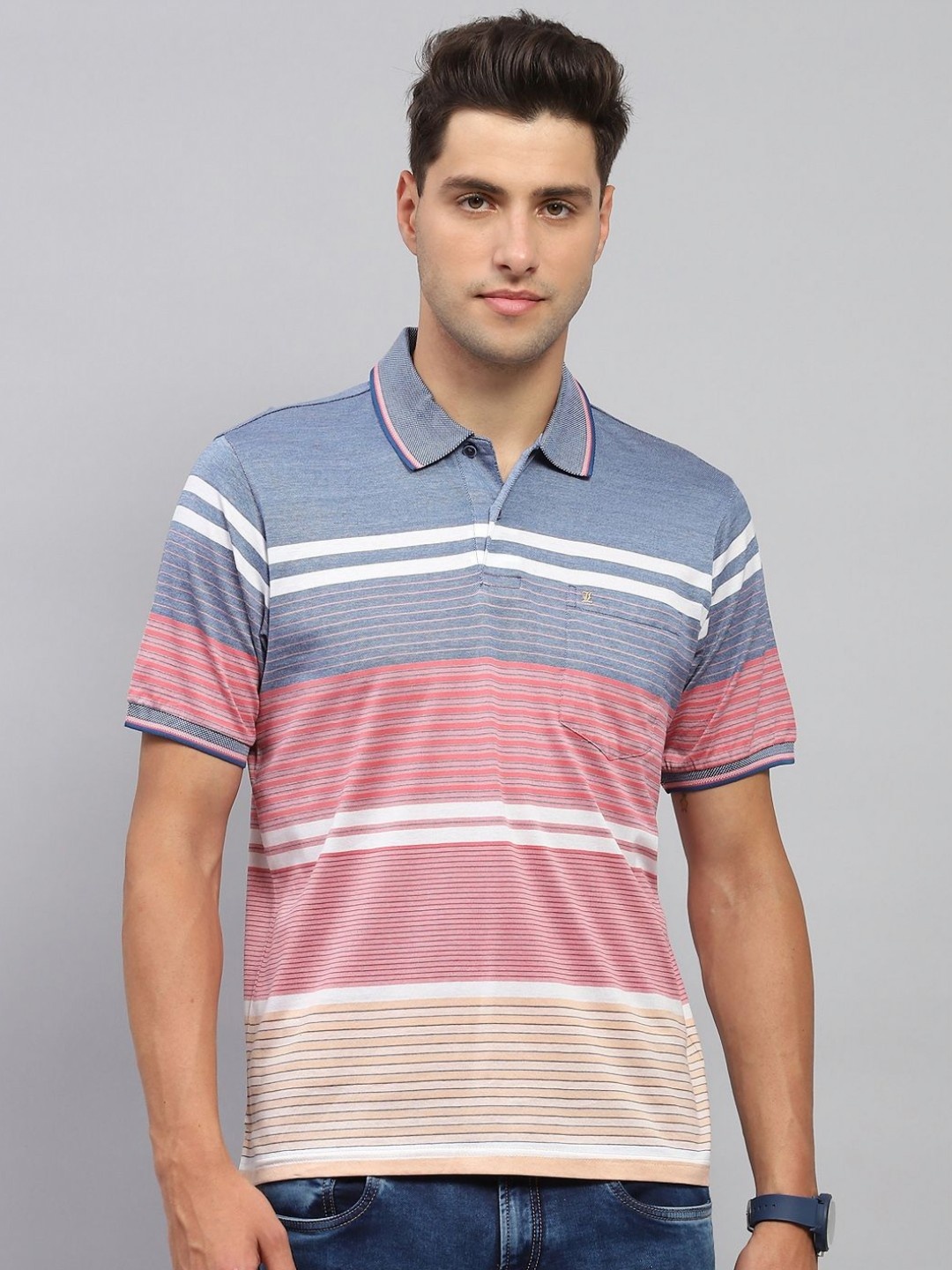 

Monte Carlo Men Striped Polo Collar Cotton T-shirt, Pink
