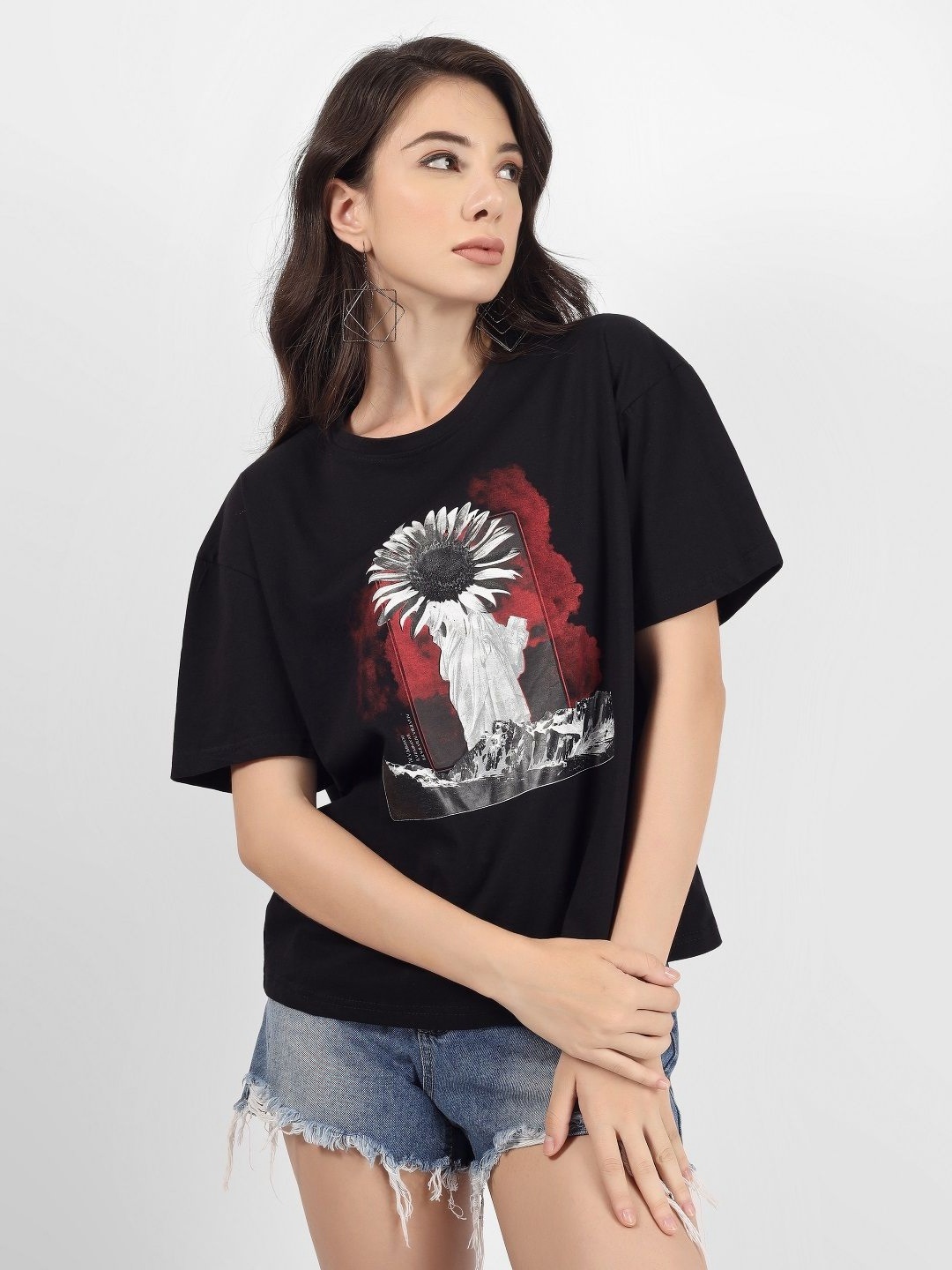 

FILLY Women Graphic Printed Round Neck Cotton Oversized T-shirt, Black