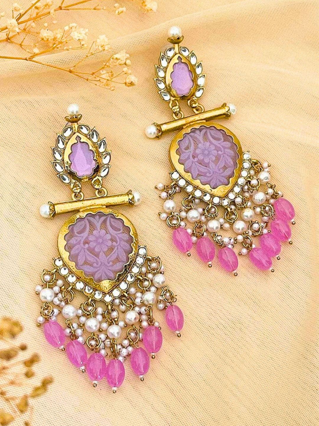 

Anouk Gold Plated Kundan Studded Teardrop Shaped Chandbalis, Lavender