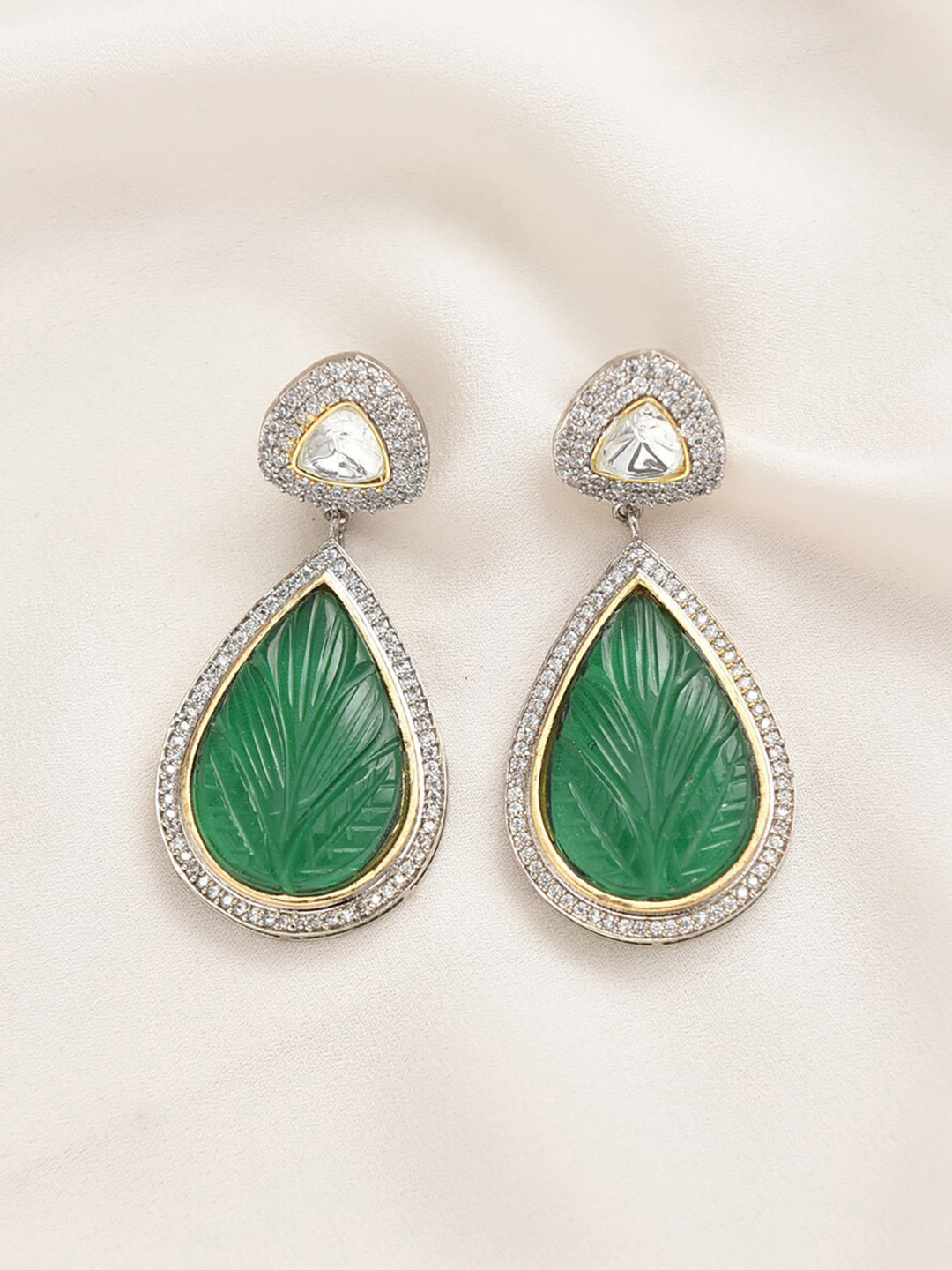 

JAYPORE Teardrop Shaped Stone Studded Drop Earrings, Silver