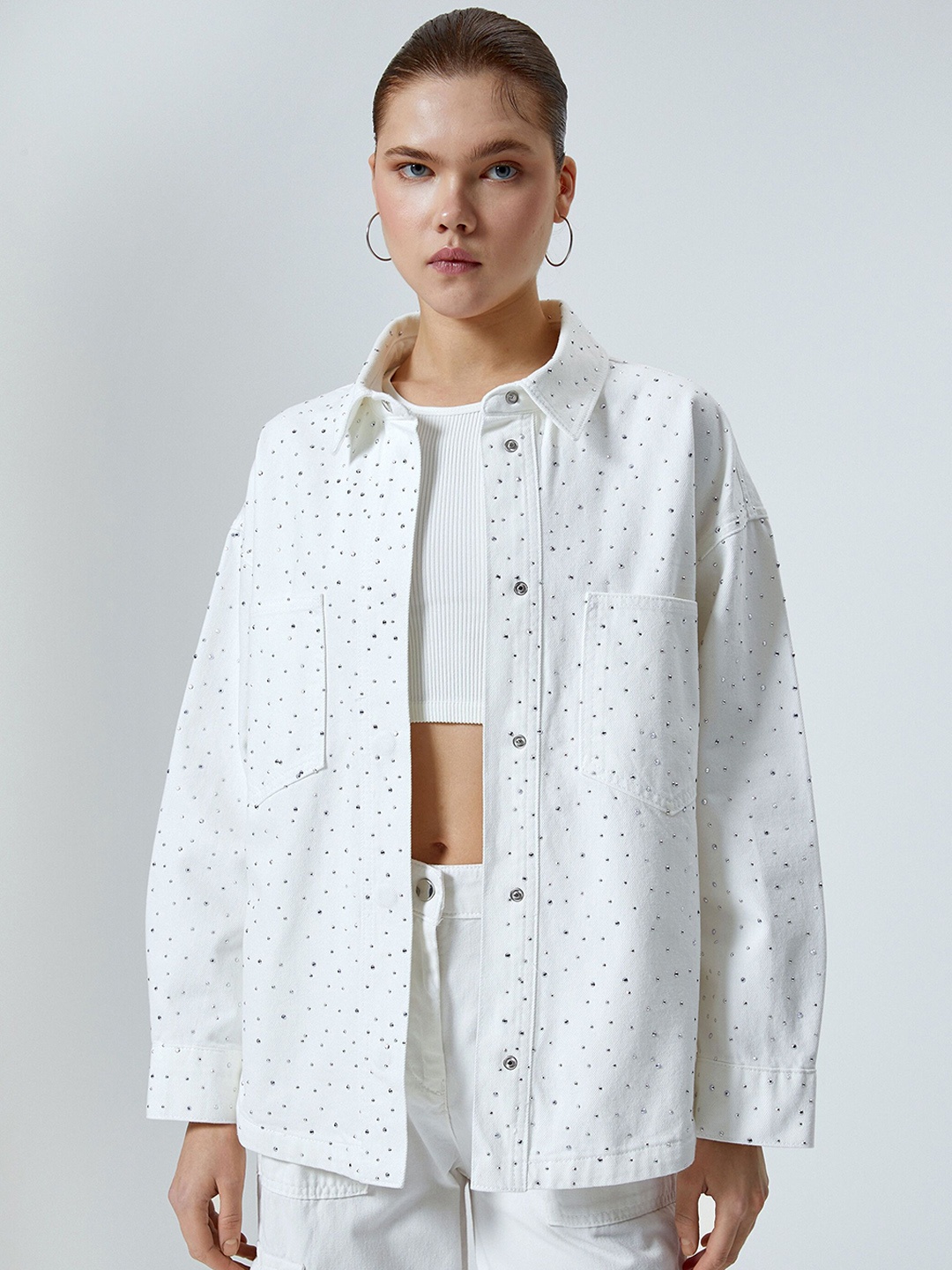 

Koton Women Spread Collar Solid Cotton Casual Denim Jacket, White