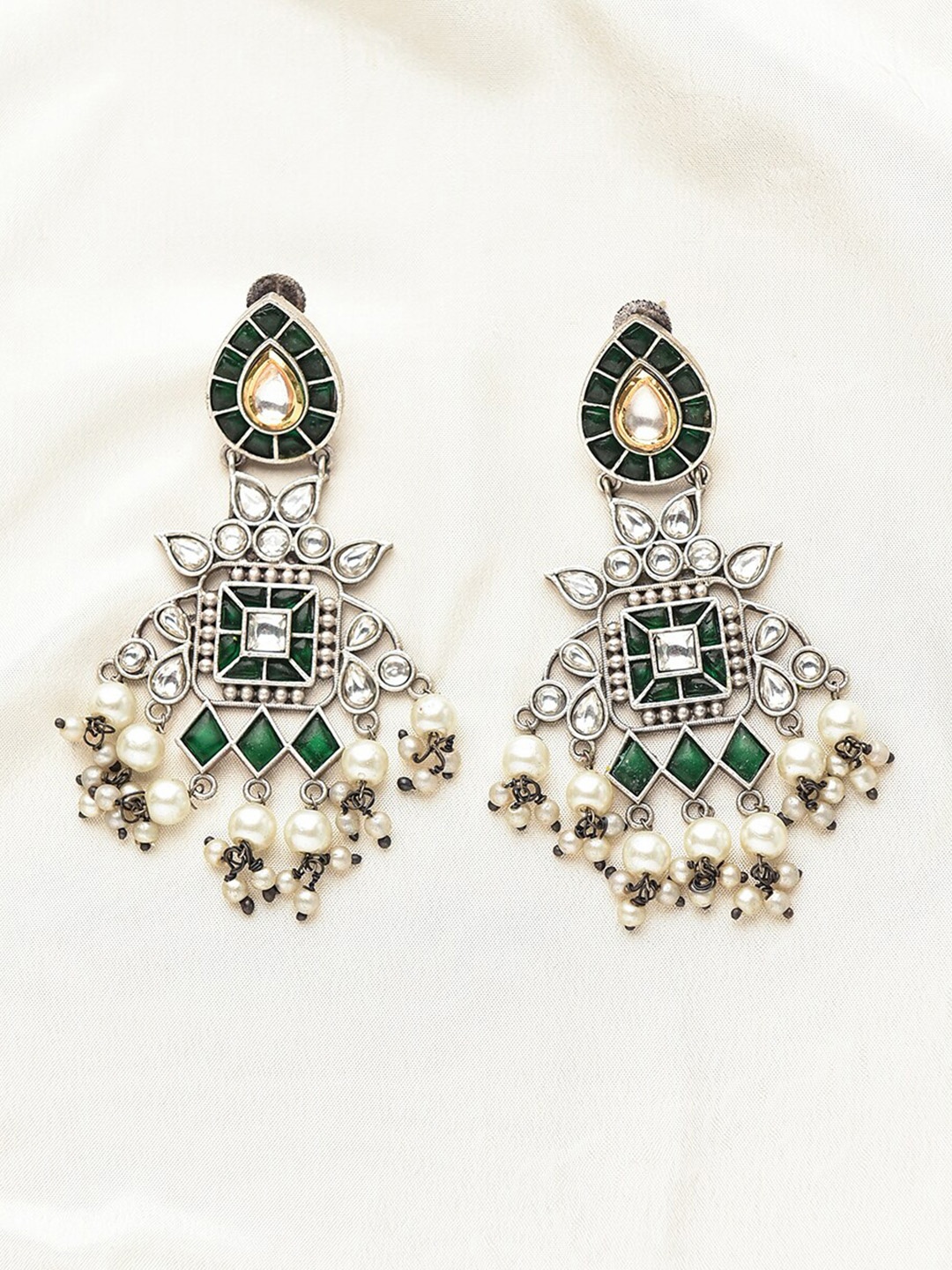 

JAYPORE Sterling Silver-Plated Stone Studded & Beaded Jhumkas