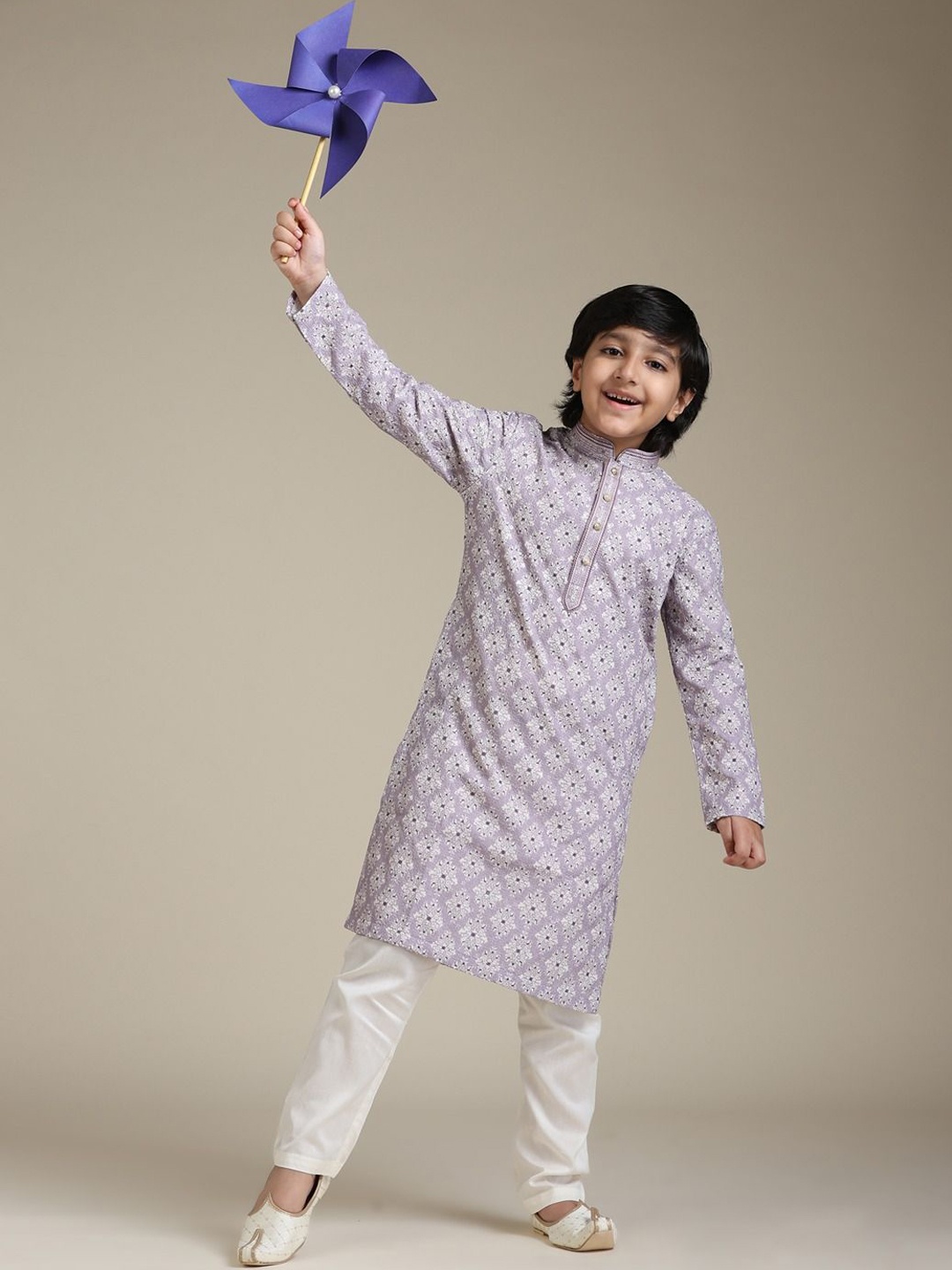 

Manyavar Boys Floral Printed Chikankari Straight Kurta with Trouser, Purple
