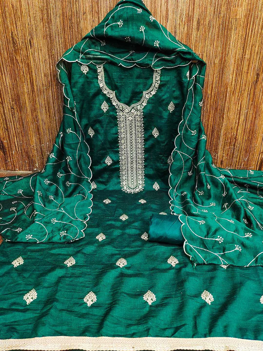 

Maroosh Floral Embroidered Zari Unstitched Dress Material, Green