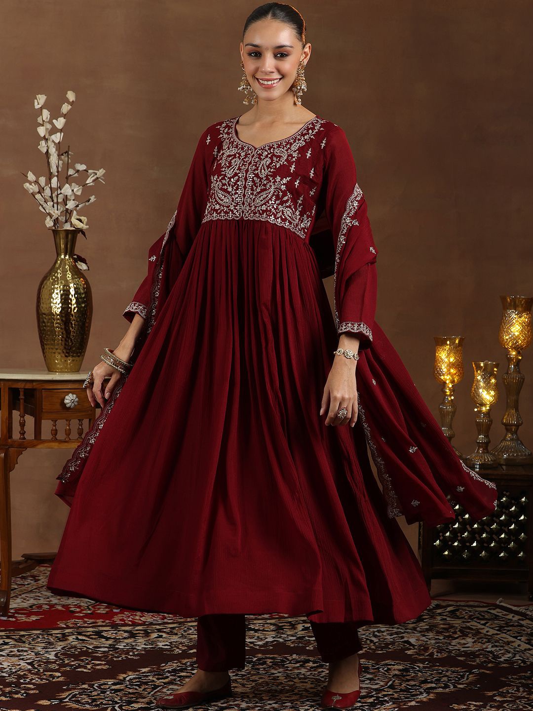 

Libas Floral Yoke Design Zari Anarkali Kurta with Trousers & Dupatta, Maroon