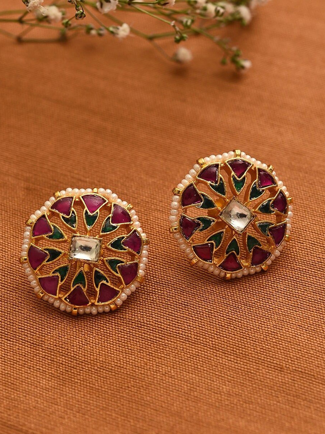 

JAYPORE Cubic Zirconia Stone Studded & Beaded Studs, Silver