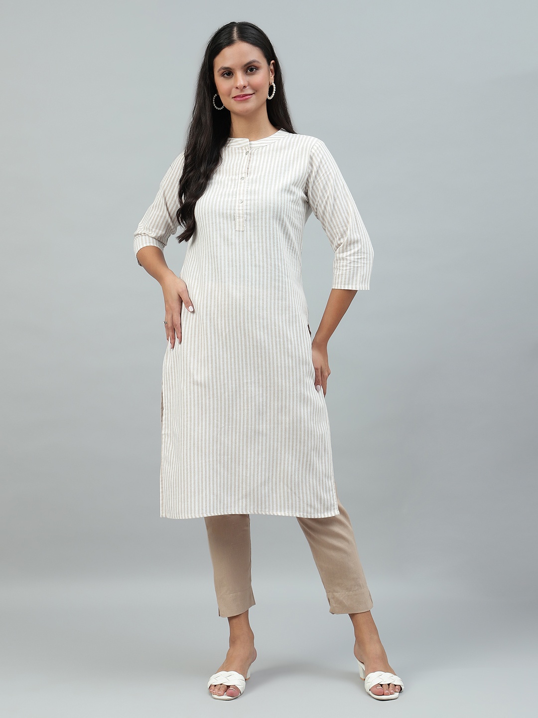 

FLAMBOYANT Striped Mandarin Collar Pure Cotton Straight Kurta, Off white
