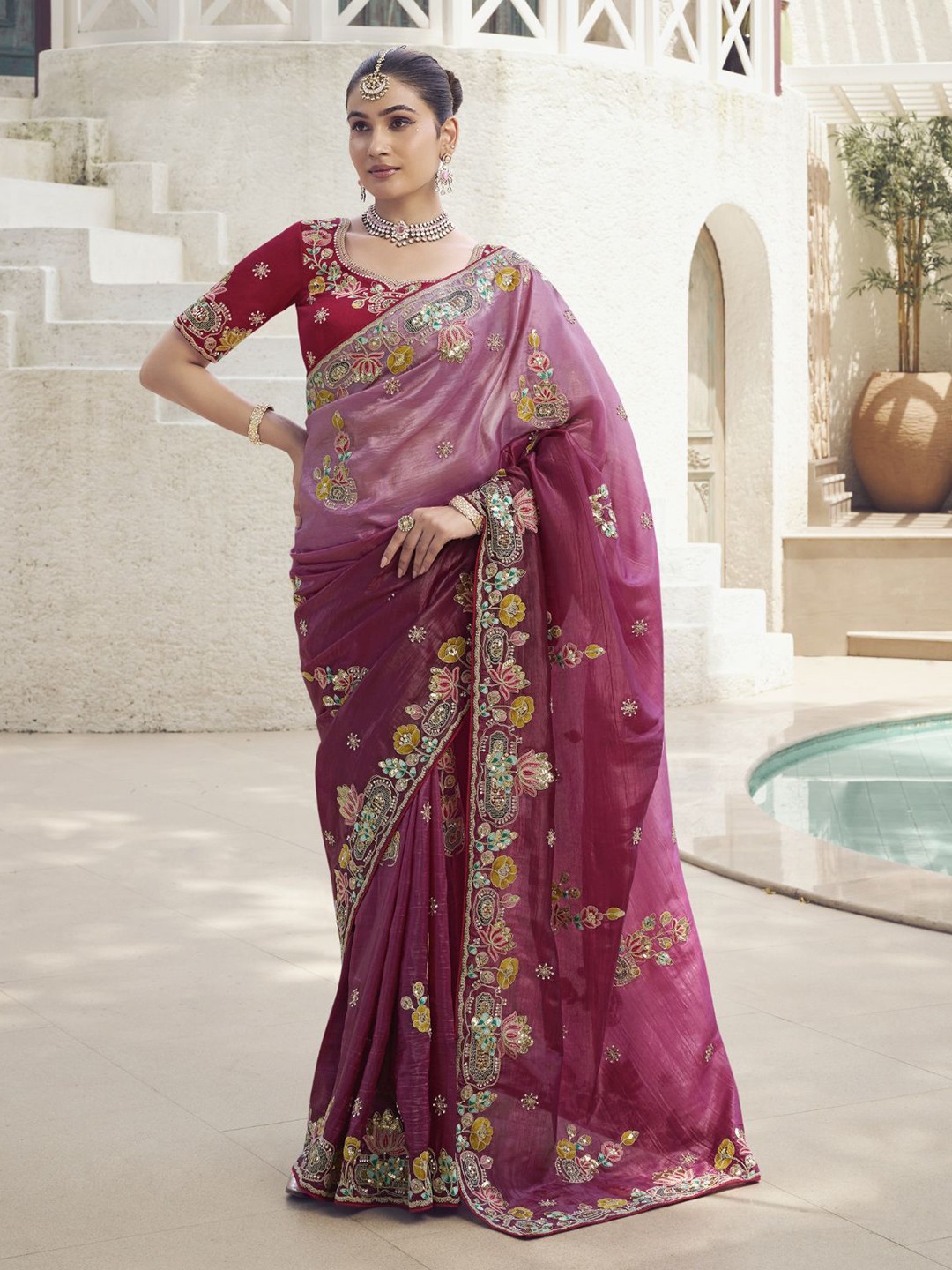 

ODETTE Embellished Embroidered Silk Blend Saree, Purple