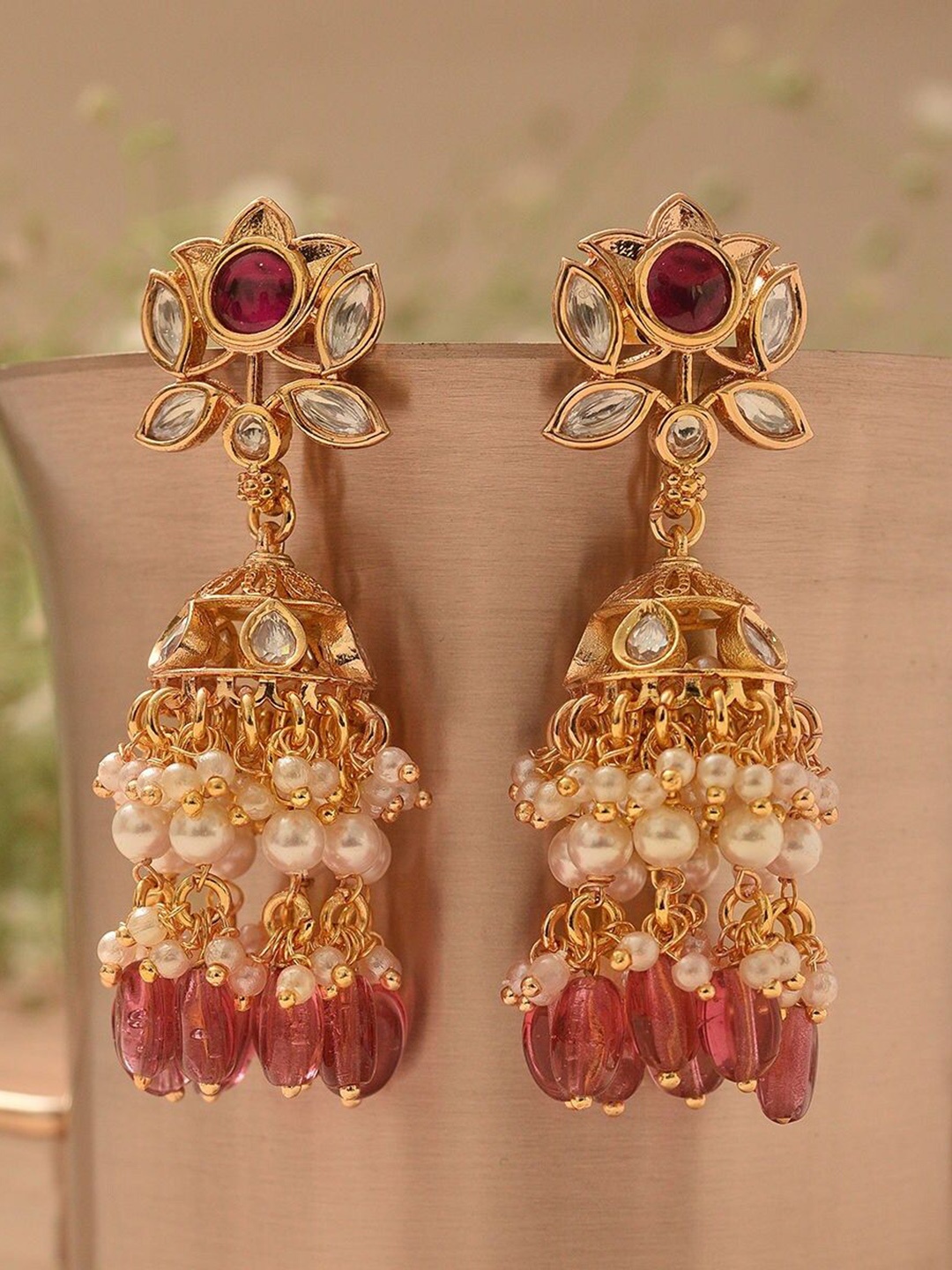 

JAYPORE Gold Plated Kundan Contemporary Jhumkas