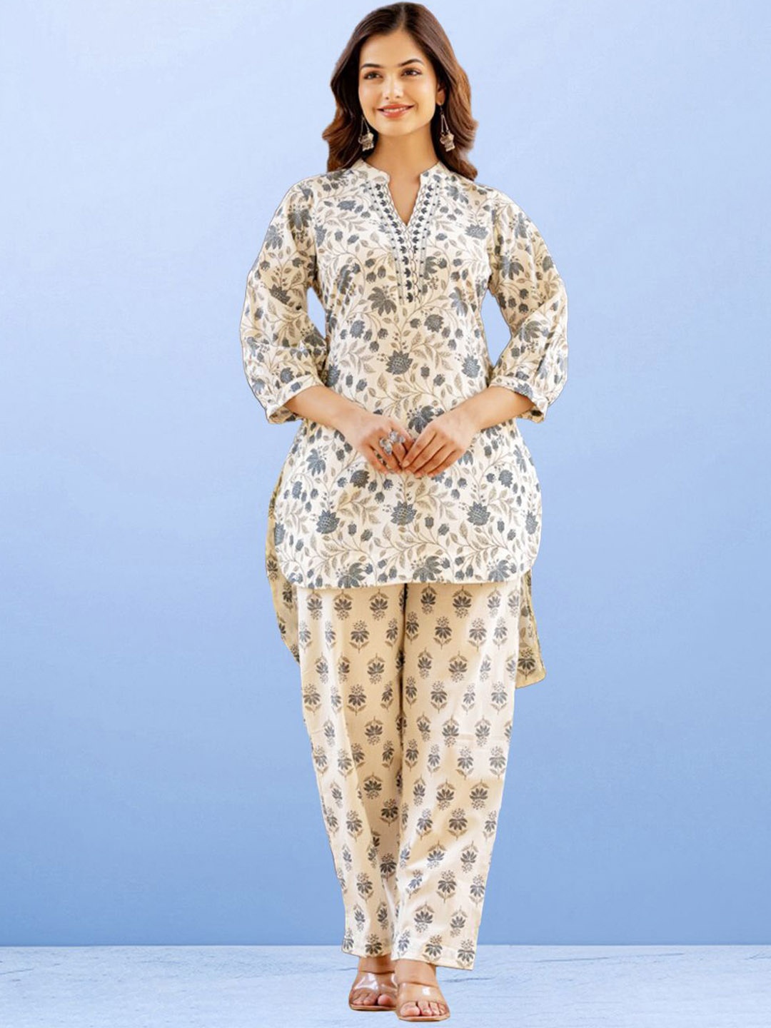 

CUSTARD Printed Pure Cotton Tunic With Trousers, Beige