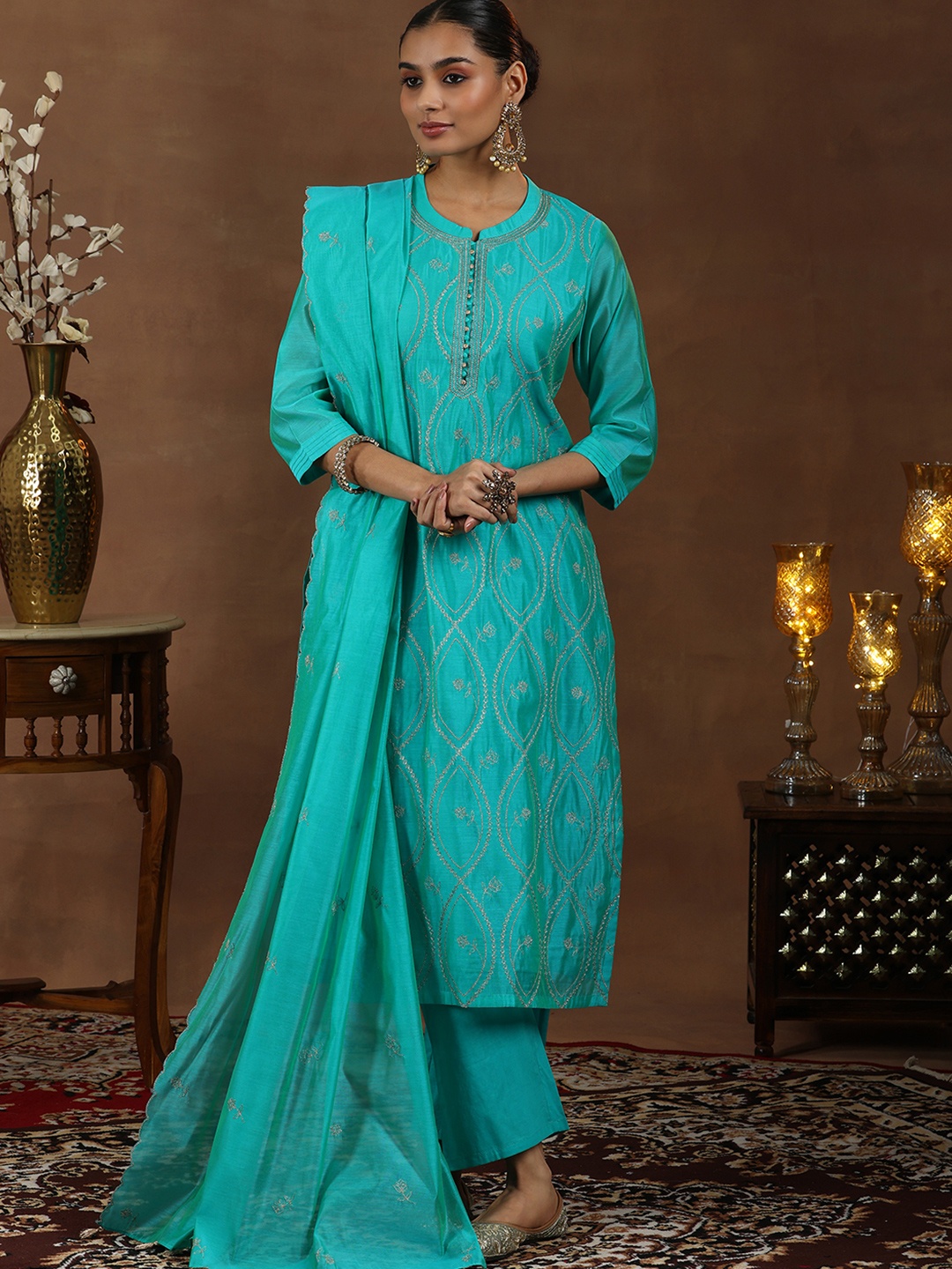 

Libas Ethnic Motifs Embroidered Zari Chanderi Silk Straight Kurta with Trousers & Dupatta, Teal