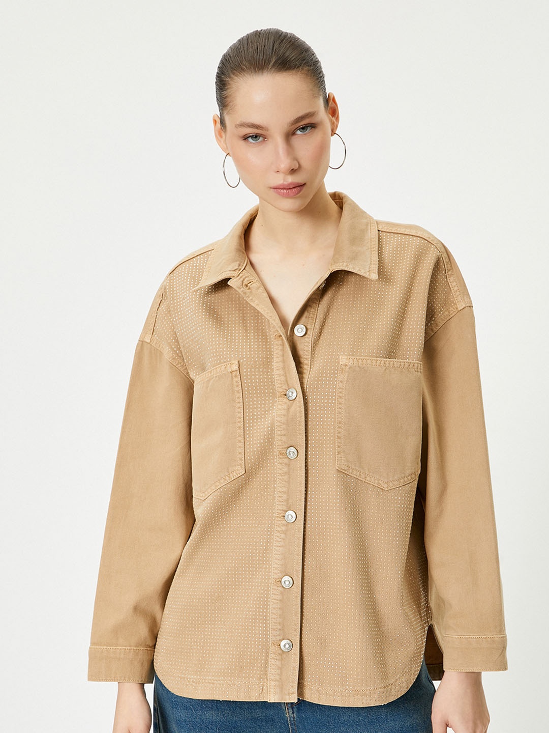 

Koton Women Spread Collar Solid Cotton Casual Denim Jacket, Beige