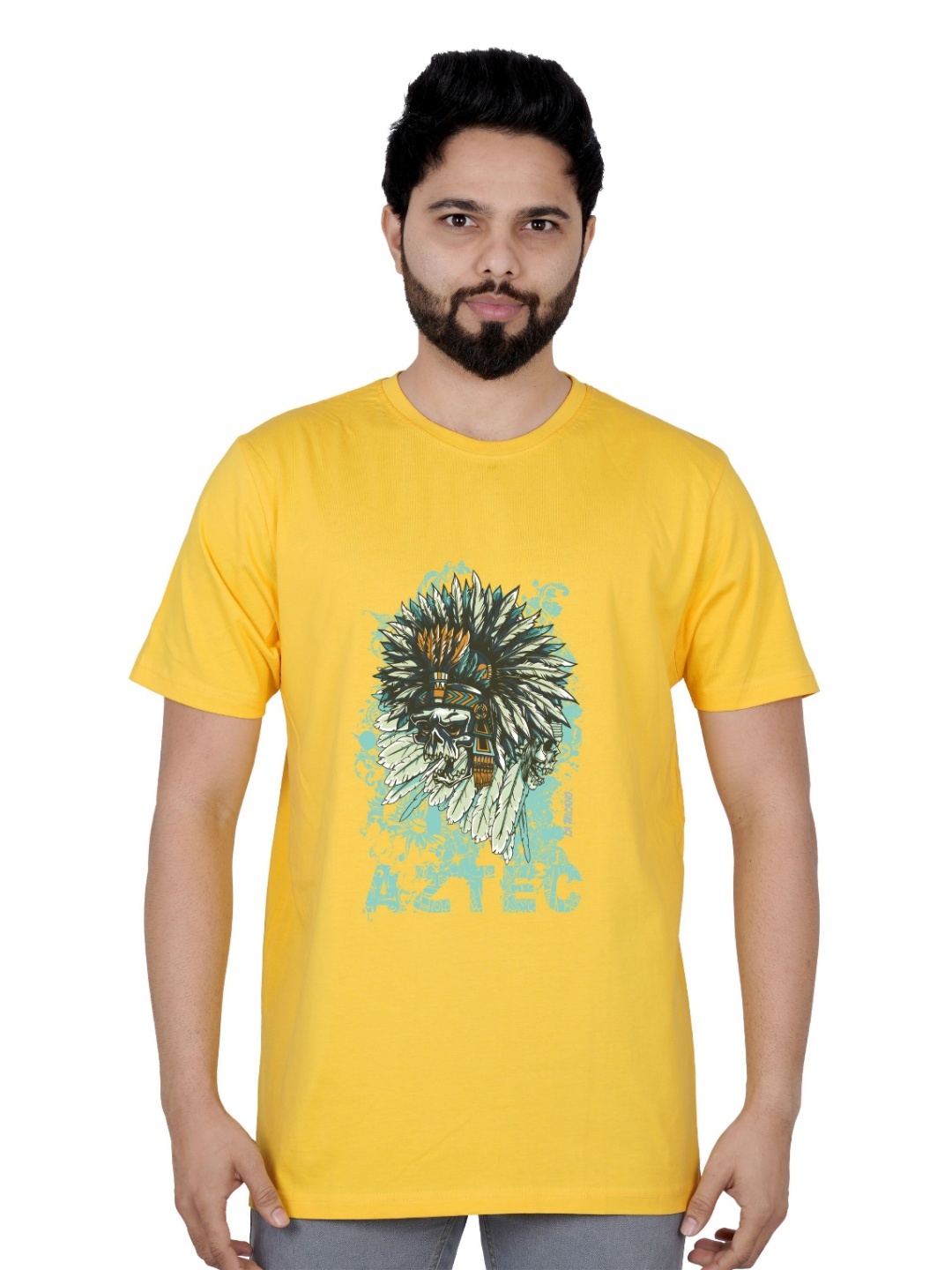 

LA MILANO Men Graphic Printed Round Neck Pure Cotton Slim Fit T-shirt, Yellow